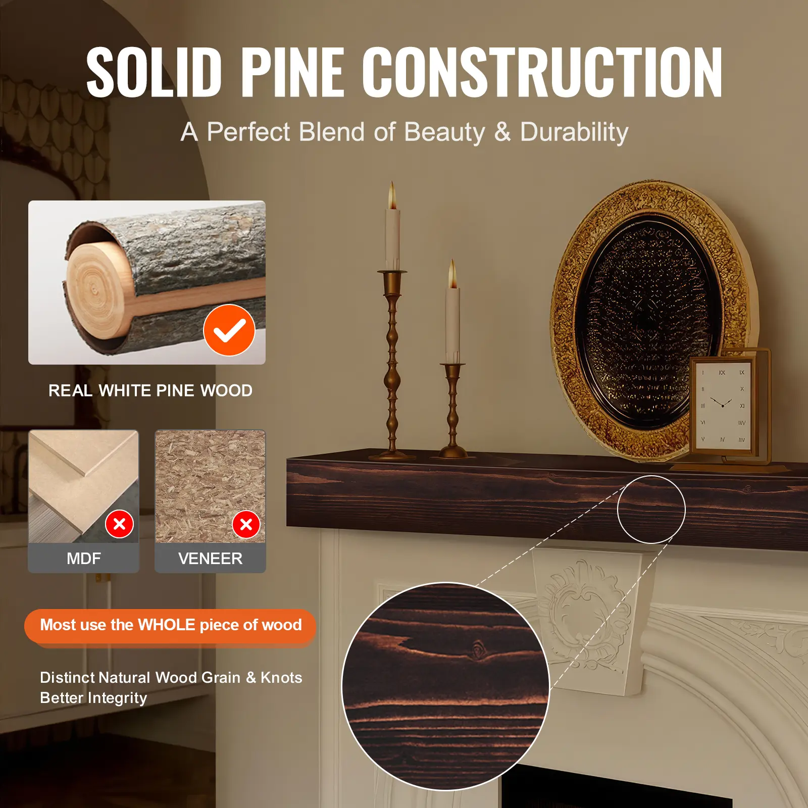 SucceBuy Fireplace Mantel 48x8x5in 50lbs Natural Wood for Over Fireplace Wall Mounted Handcrafted Fireplace for Wall Decor Brown