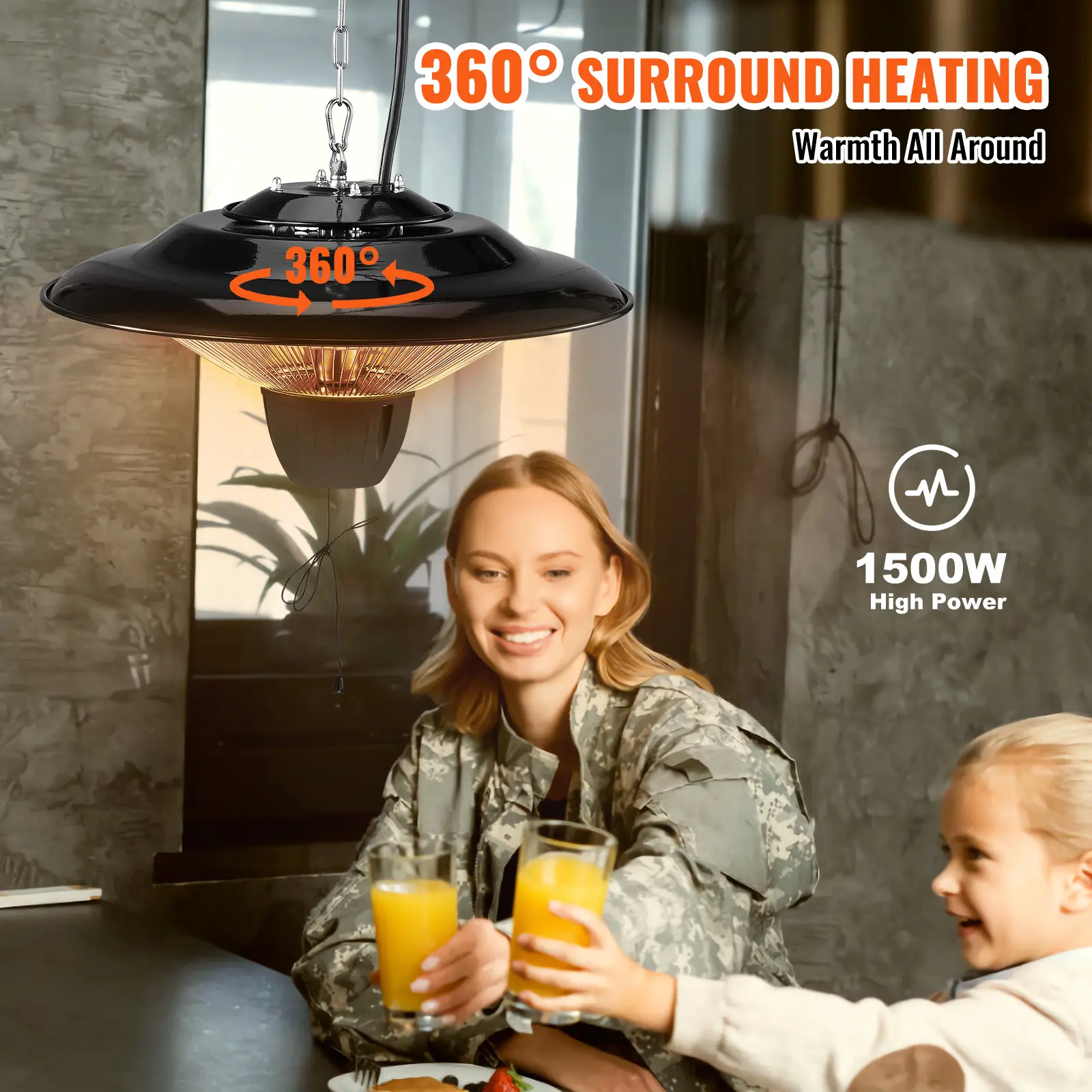 SucceBuy Hanging Patio Heater  1500W  with 23.6 inch Pull Cord And 20 inch Adjustable Chain  for Porch Patio Dining Room Studio