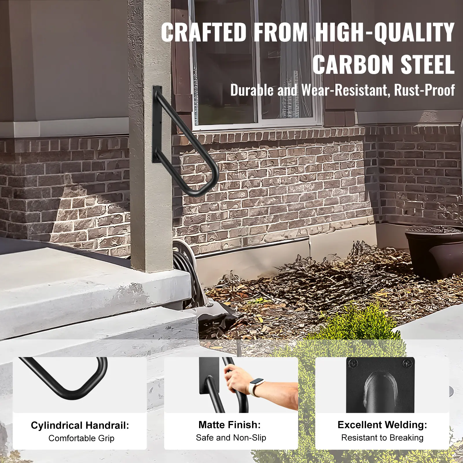 SucceBuy Handrails for Outdoor 18.9" Length Wall Mount Safety Railings for 1-2 Steps Stair Handrail with Matte Black Finished