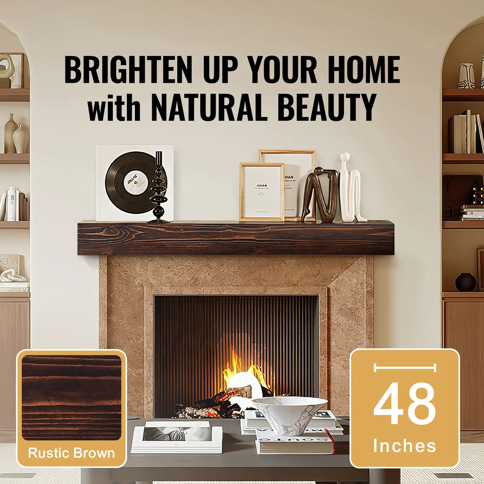 SucceBuy Fireplace Mantel 48x8x5in 50lbs Natural Wood for Over Fireplace Wall Mounted Handcrafted Fireplace for Wall Decor Brown