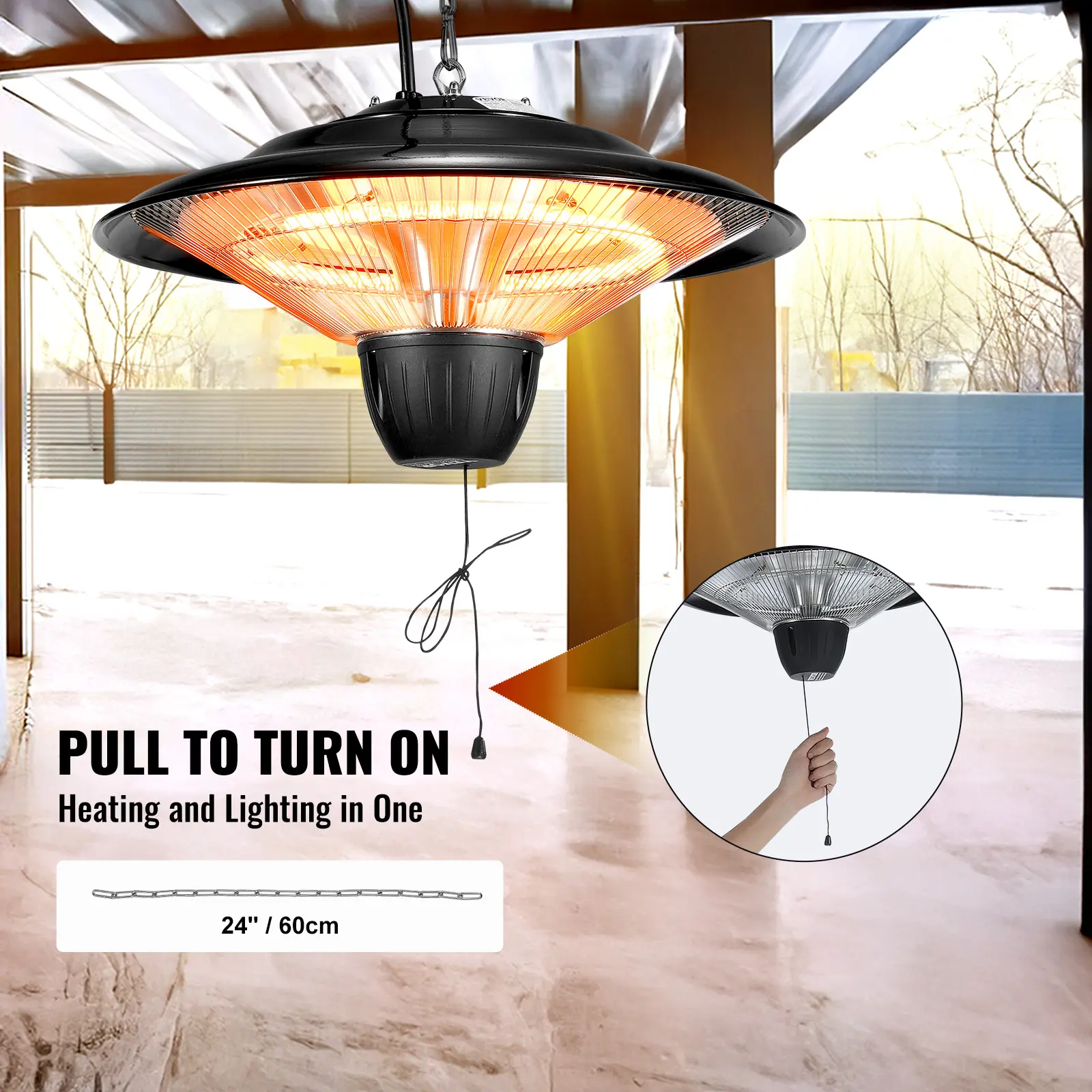 SucceBuy Hanging Patio Heater  1500W  with 23.6 inch Pull Cord And 20 inch Adjustable Chain  for Porch Patio Dining Room Studio