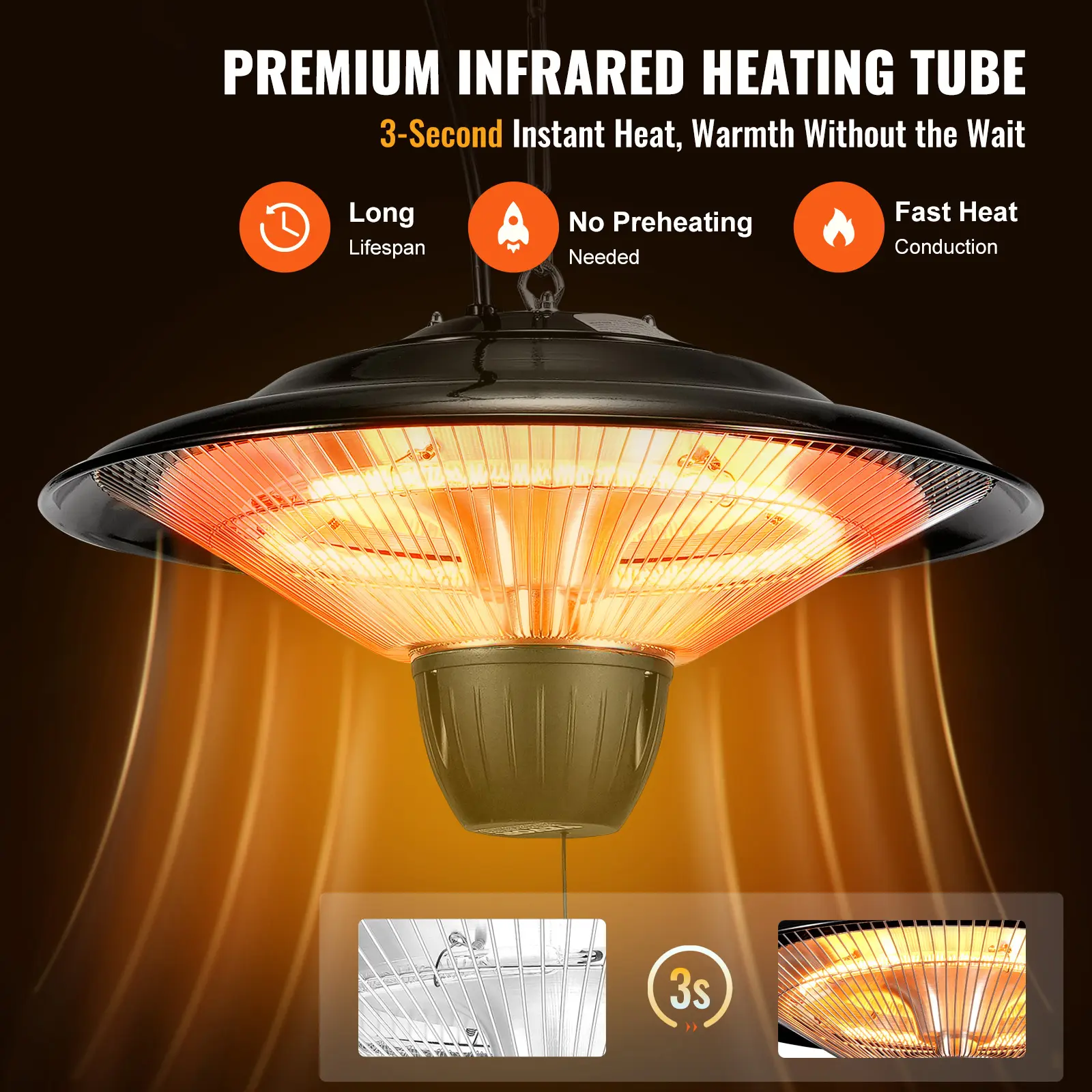 SucceBuy Hanging Patio Heater  1500W  with 23.6 inch Pull Cord And 20 inch Adjustable Chain  for Porch Patio Dining Room Studio