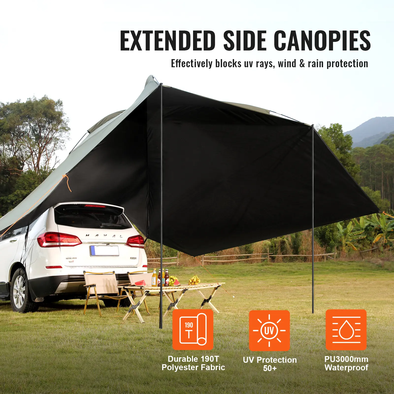 SucceBuy Vehicle Awning Large 10'x7' Shade Coverage Car Side Awning PU2000mm UV50+ Car Awning Extended Canopies and Storage Bag