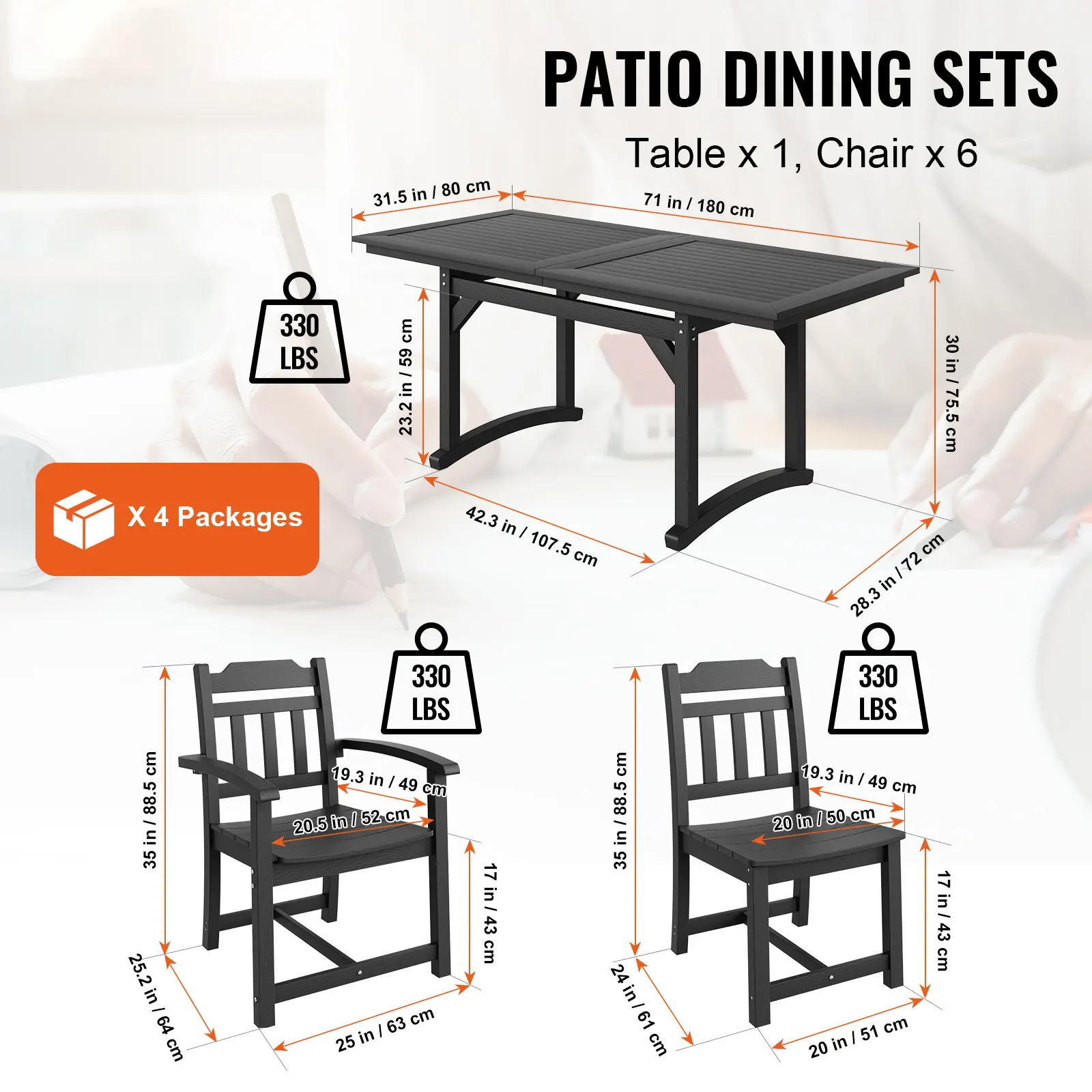 VEVOR 7 Pieces Patio Dining Set, Outdoor Rectangle Furniture Table and Chairs Set, All Weather Garden Furniture Table Sets