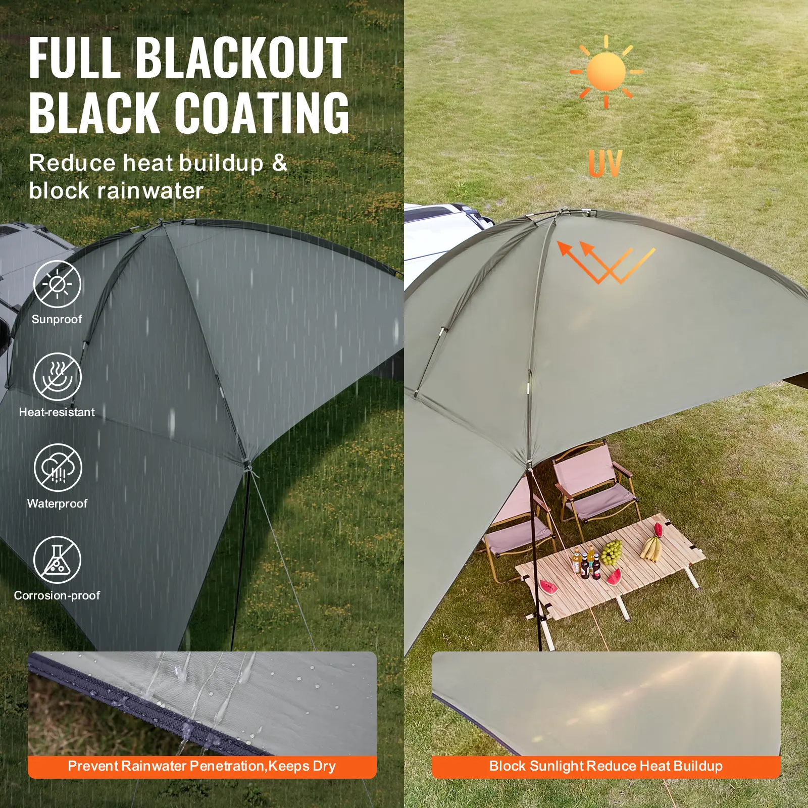 SucceBuy Vehicle Awning Large 10'x7' Shade Coverage Car Side Awning PU2000mm UV50+ Car Awning Extended Canopies and Storage Bag