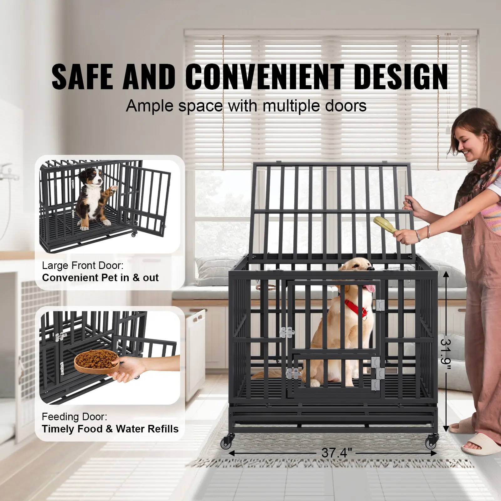 SucceBuy 3-Door Heavy Duty Dog Crate Kennel Cage with Lockable Wheels and Removable Tray for Indoor Outdoor Medium to Large Dog