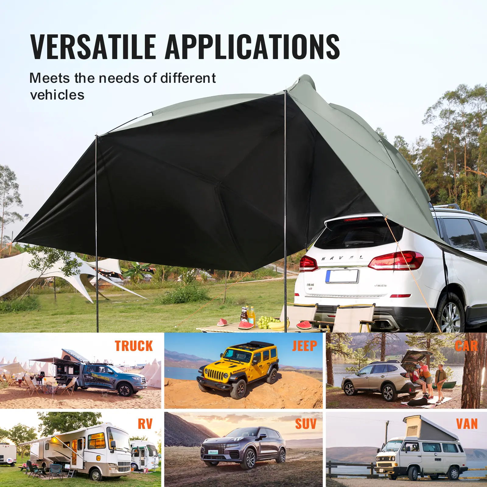 SucceBuy Vehicle Awning Large 10'x7' Shade Coverage Car Side Awning PU2000mm UV50+ Car Awning Extended Canopies and Storage Bag