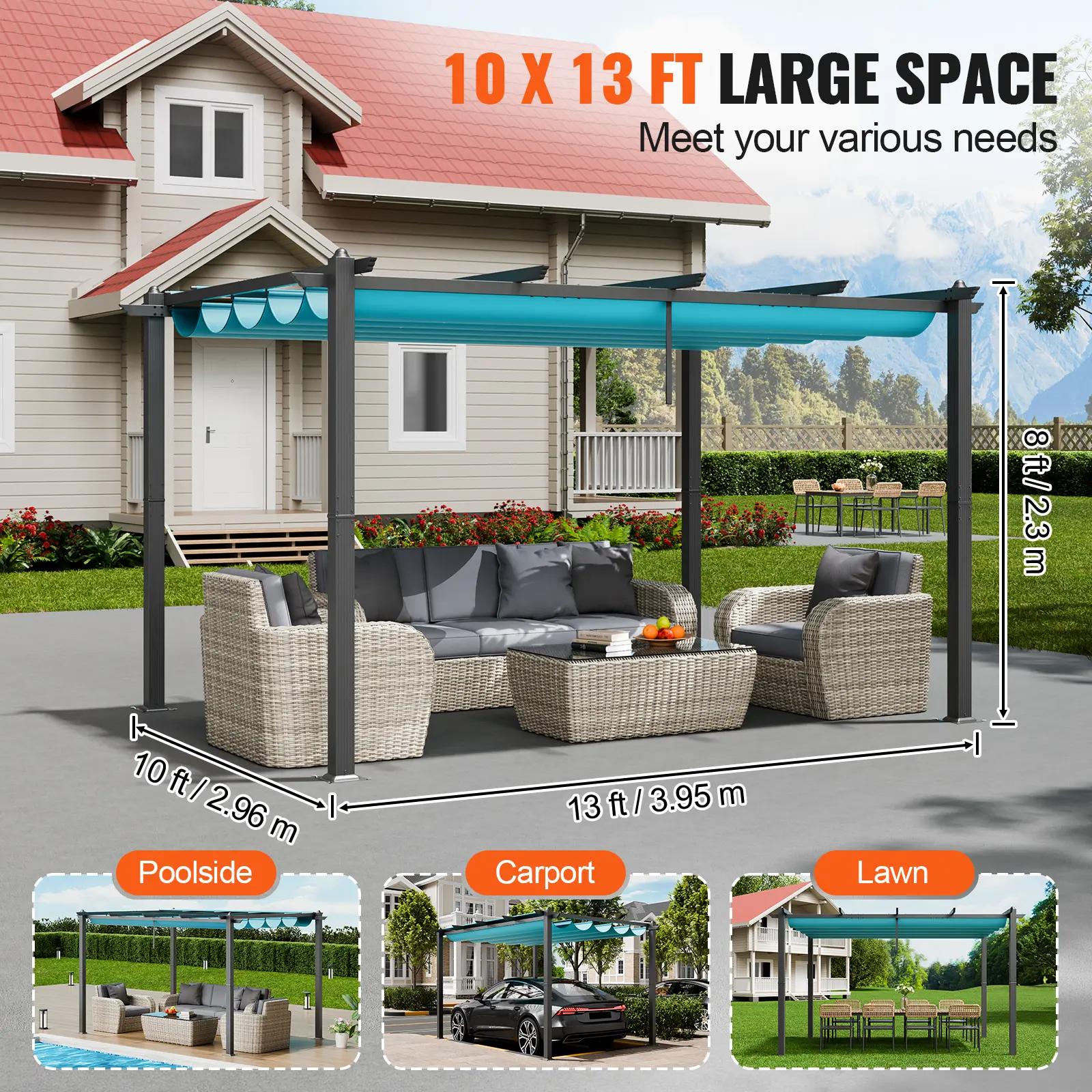 VEVOR 10'x13' Outdoor Retractable Pergola with Canopy Aluminum Pergola with Canopy Modern Pergola with Shade Canopy for Patios
