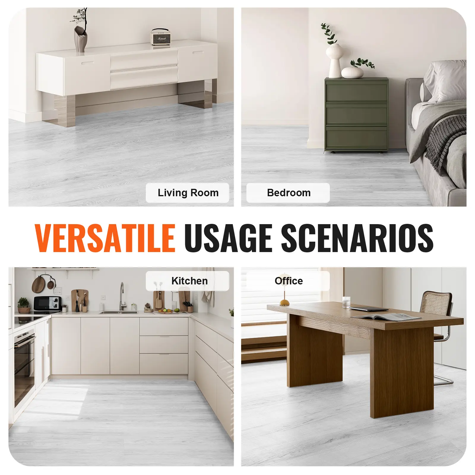SucceBuy Interlocking Vinyl Floor Tiles 48x7.3 in 10 Tiles 5.5mm Thick Snap Light Gray Wood Grain DIY Flooring for Kitchen