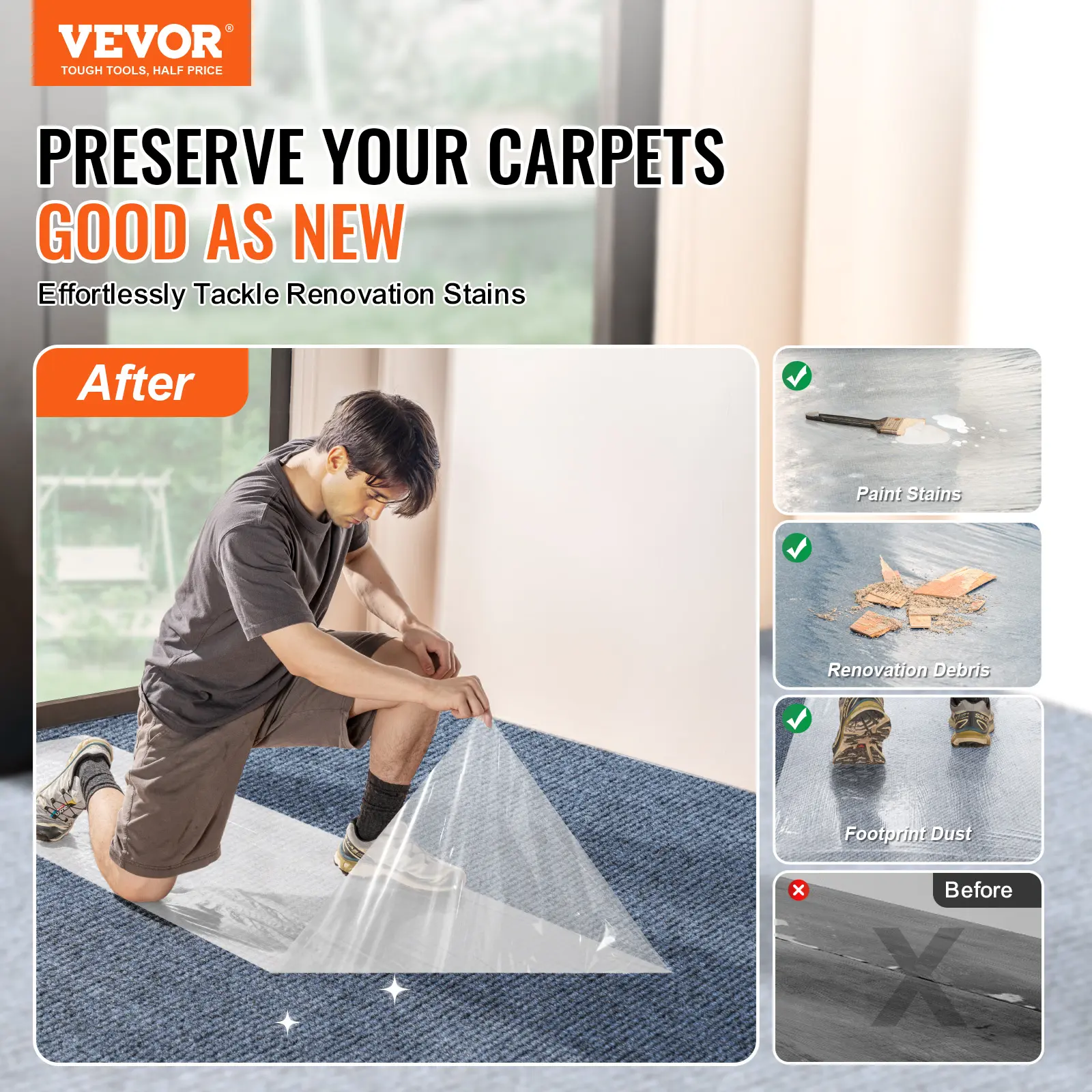 VEVOR Carpet Protection Film 24" x 100' Floor and Surface Polyethylene Adhesive Car Mat Protection for Construction & Renovation