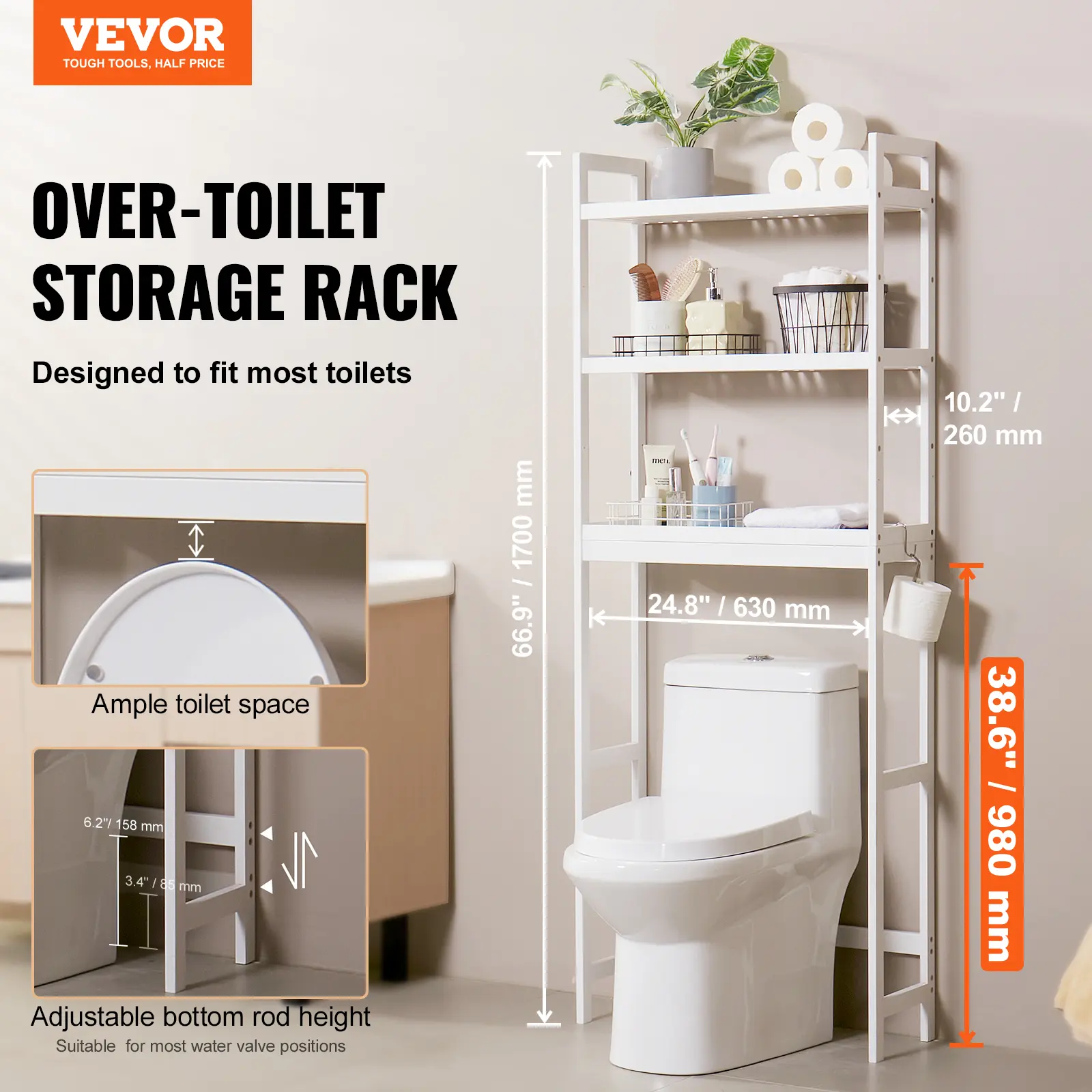 VEVOR Over the Toilet Storage,  Adjustable Over Toilet Bathroom Organizer, Bamboo Storage Shelf Rack with 3 Hooks,  Space Saver