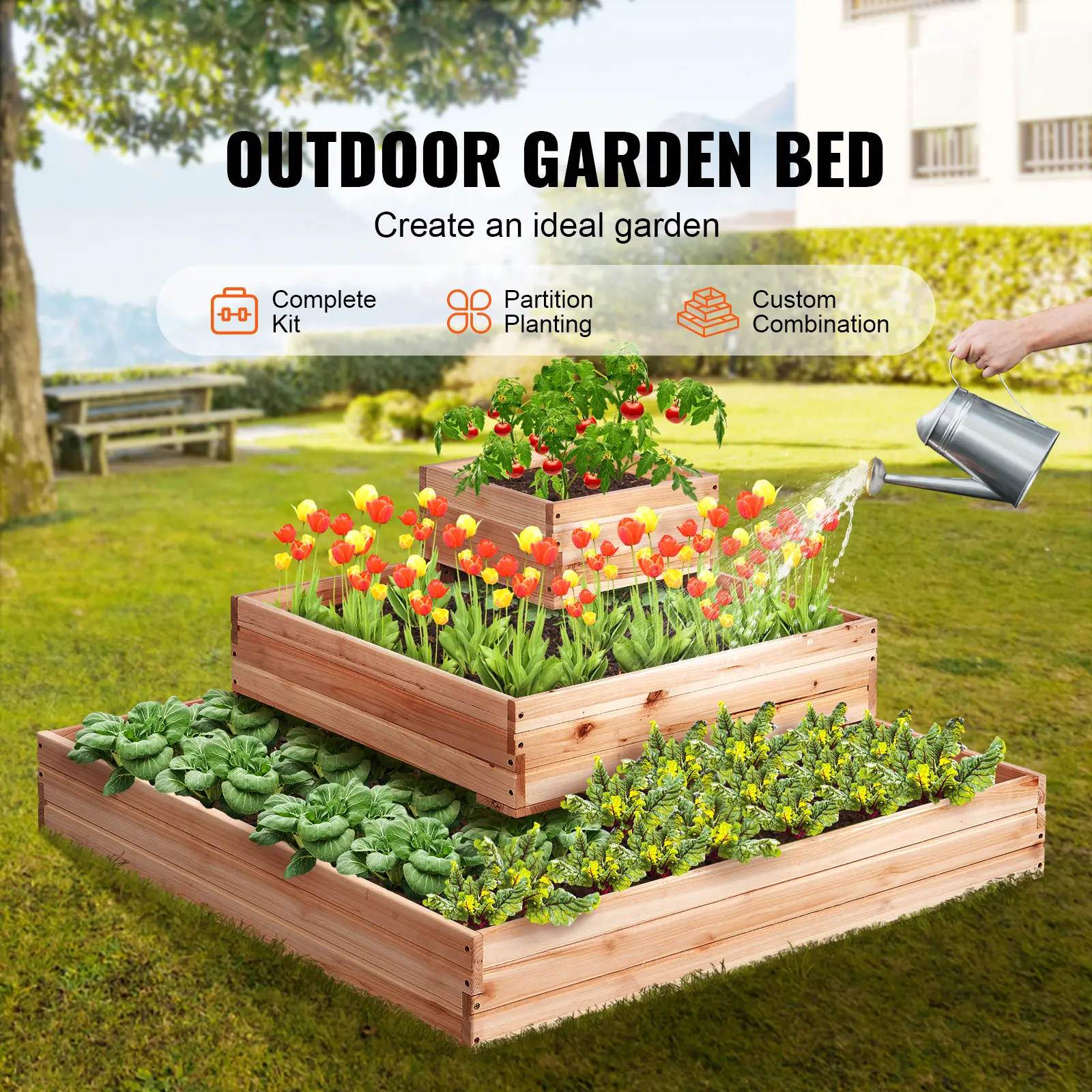 SucceBuy Wooden Raised Garden Bed Planter Box Elevated Floor Whole Kit and Drainage System for Planting Flower Vegetable Herb
