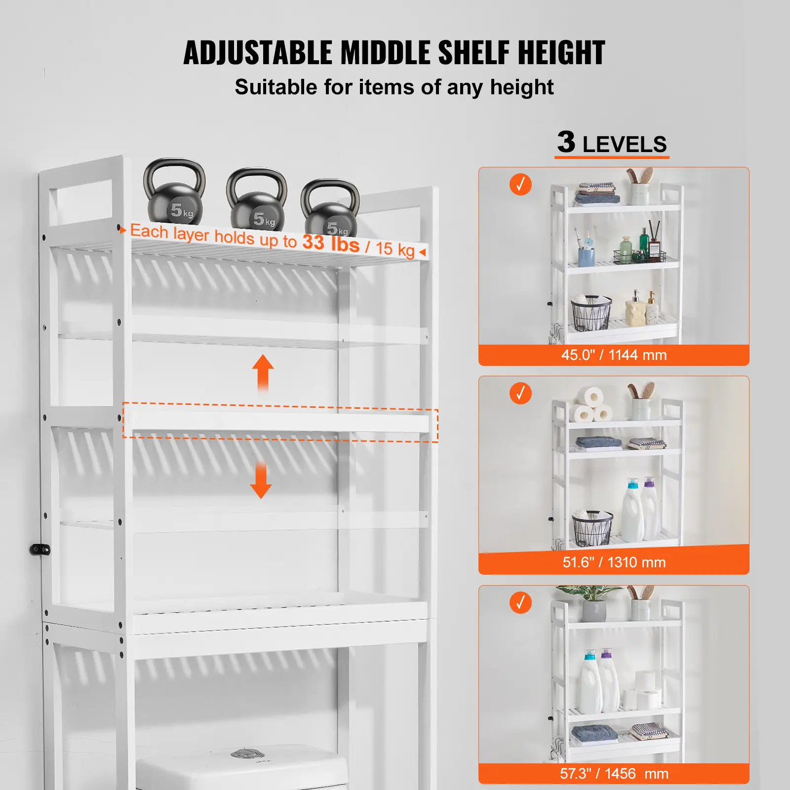 VEVOR Over the Toilet Storage,  Adjustable Over Toilet Bathroom Organizer, Bamboo Storage Shelf Rack with 3 Hooks,  Space Saver