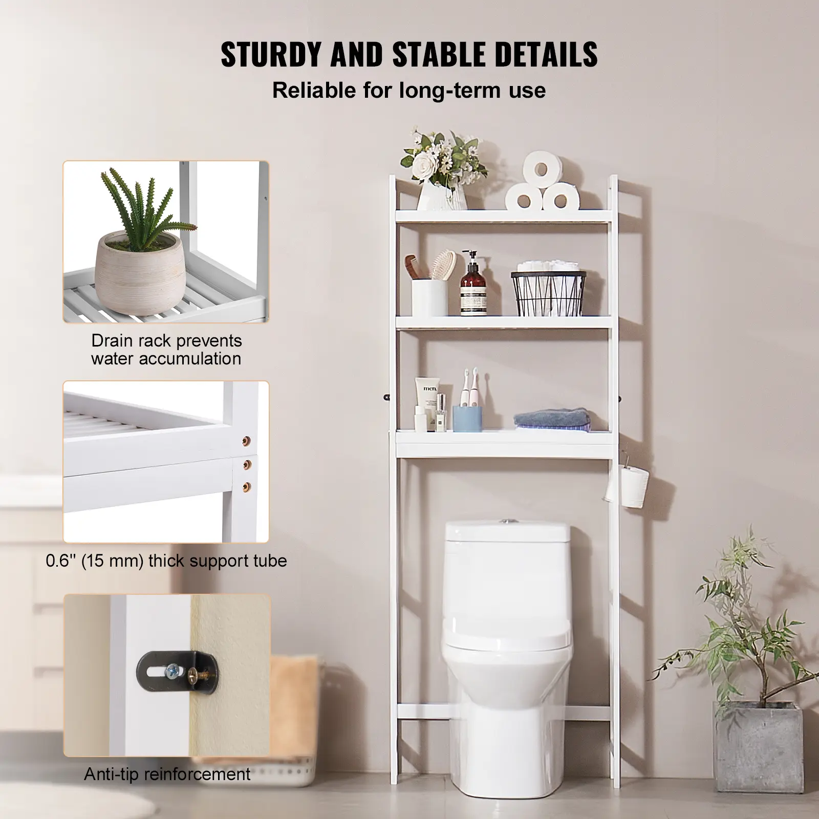 VEVOR Over the Toilet Storage,  Adjustable Over Toilet Bathroom Organizer, Bamboo Storage Shelf Rack with 3 Hooks,  Space Saver