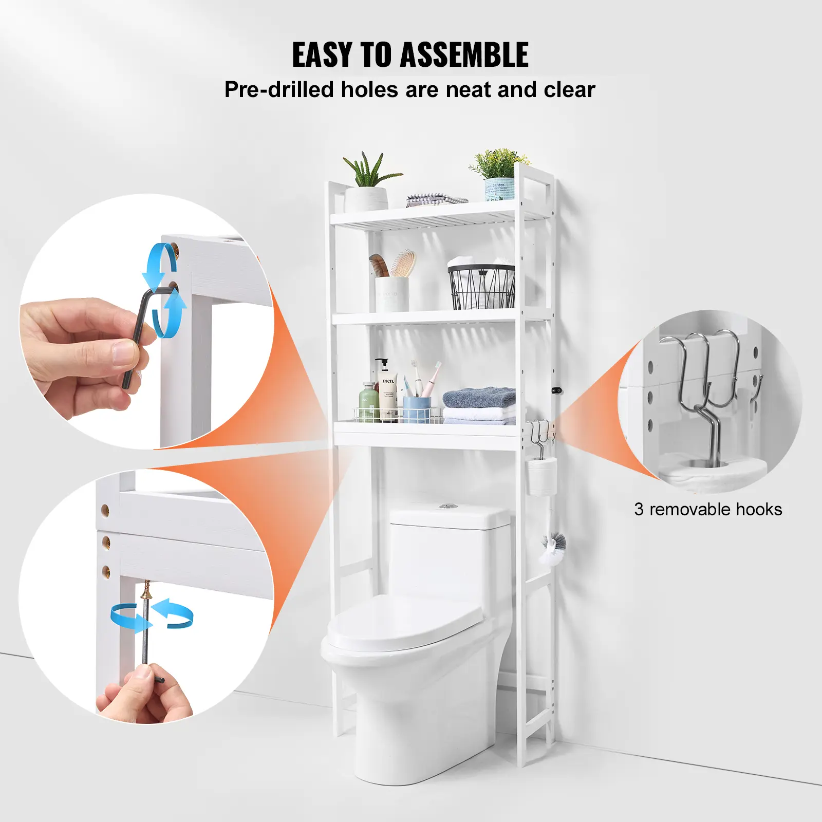 VEVOR Over the Toilet Storage,  Adjustable Over Toilet Bathroom Organizer, Bamboo Storage Shelf Rack with 3 Hooks,  Space Saver