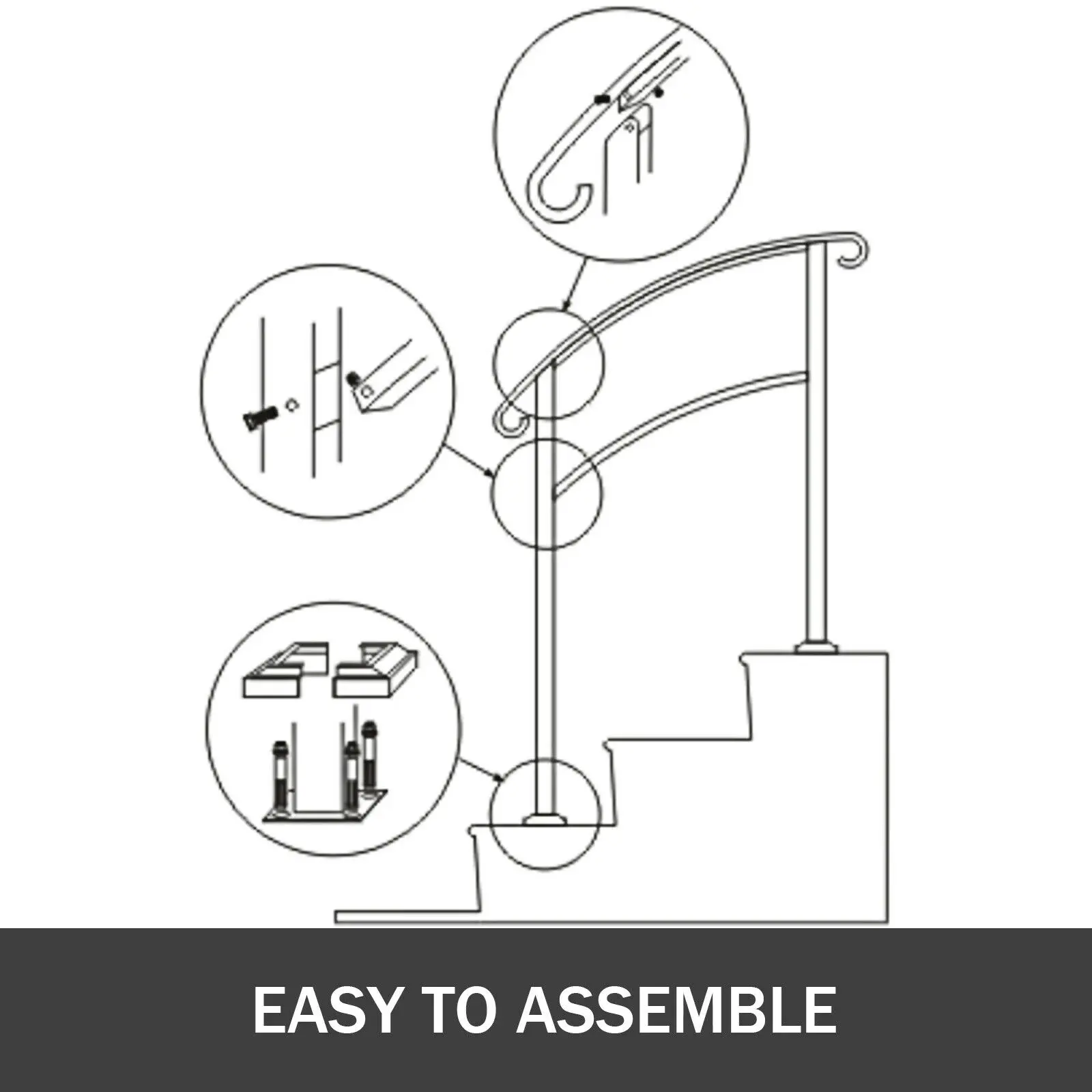 SucceBuy Wrought Iron Handrail Fits 1 or 5 Steps with Installation Kit Hand Rails for Outdoor Transition Handrail Stair Rail