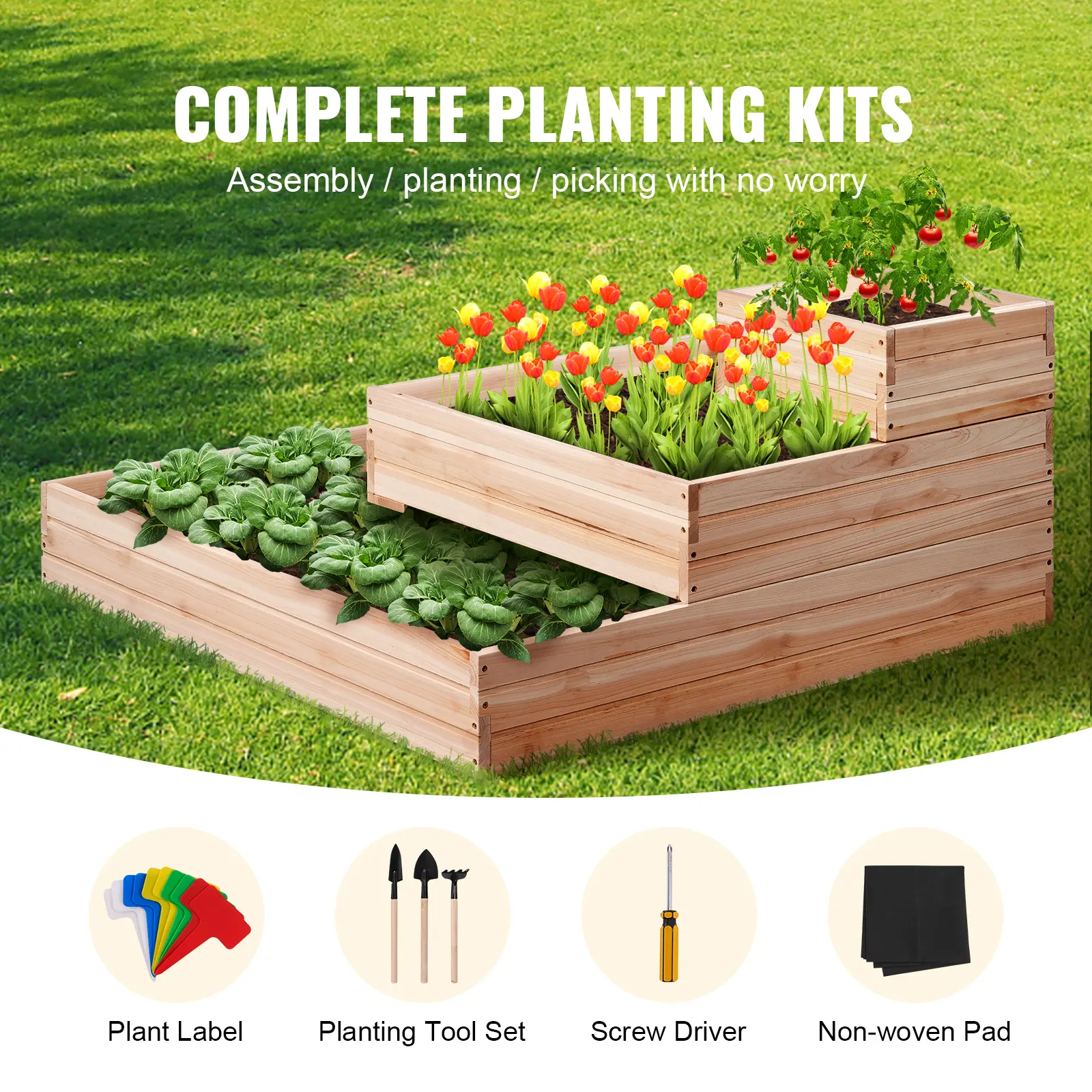 SucceBuy Wooden Raised Garden Bed Planter Box Elevated Floor Whole Kit and Drainage System for Planting Flower Vegetable Herb