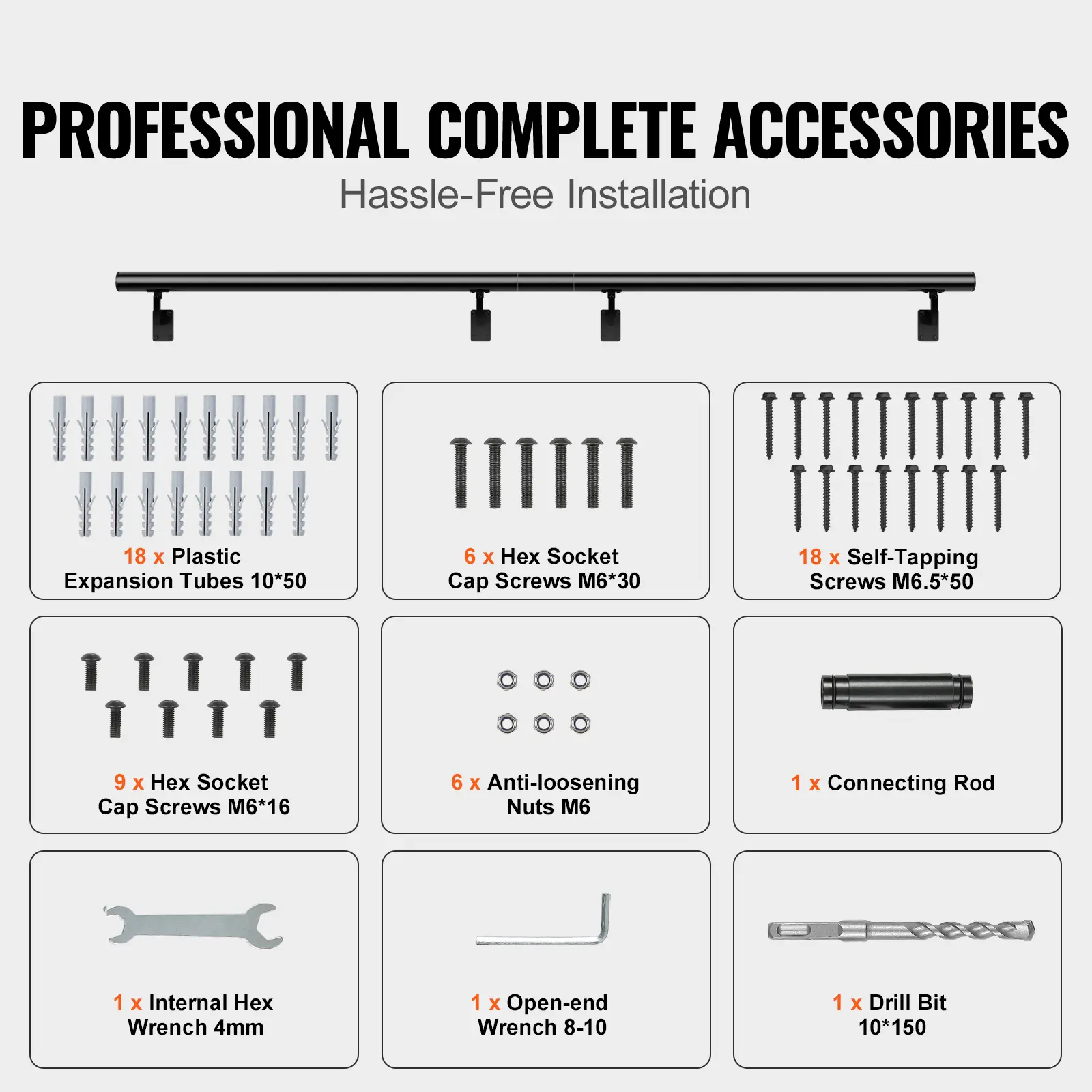 SucceBuy 4/5/7/12 ft Handrail Stair Railing 440 LBS Wall Mount Stairway Hand Rail with Installation Kit for Outdoor Stairs