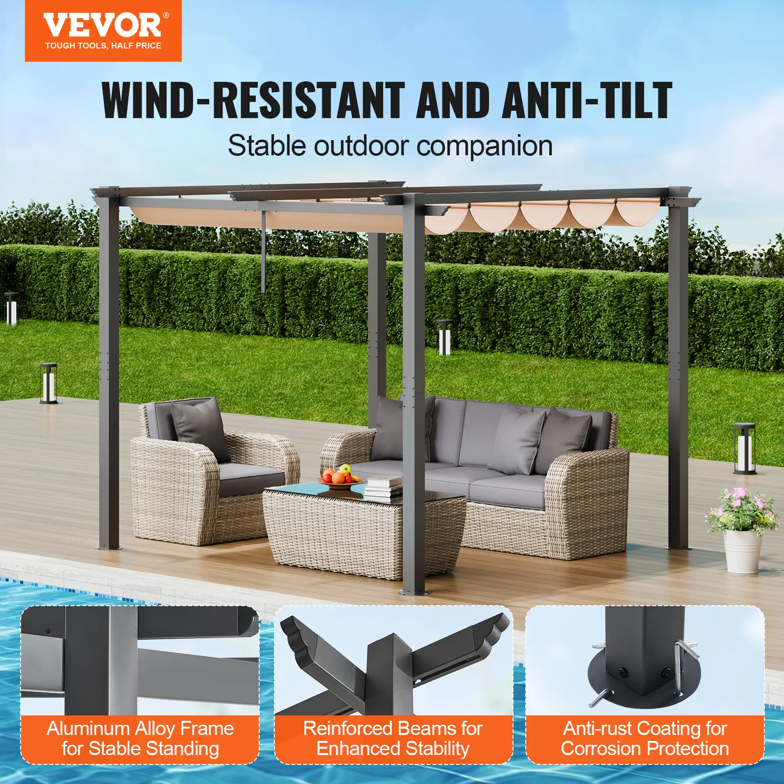 VEVOR 10'x10' Outdoor Retractable Pergola with Canopy Aluminum Pergola with Canopy Modern Pergola with Shade Canopy for Patios