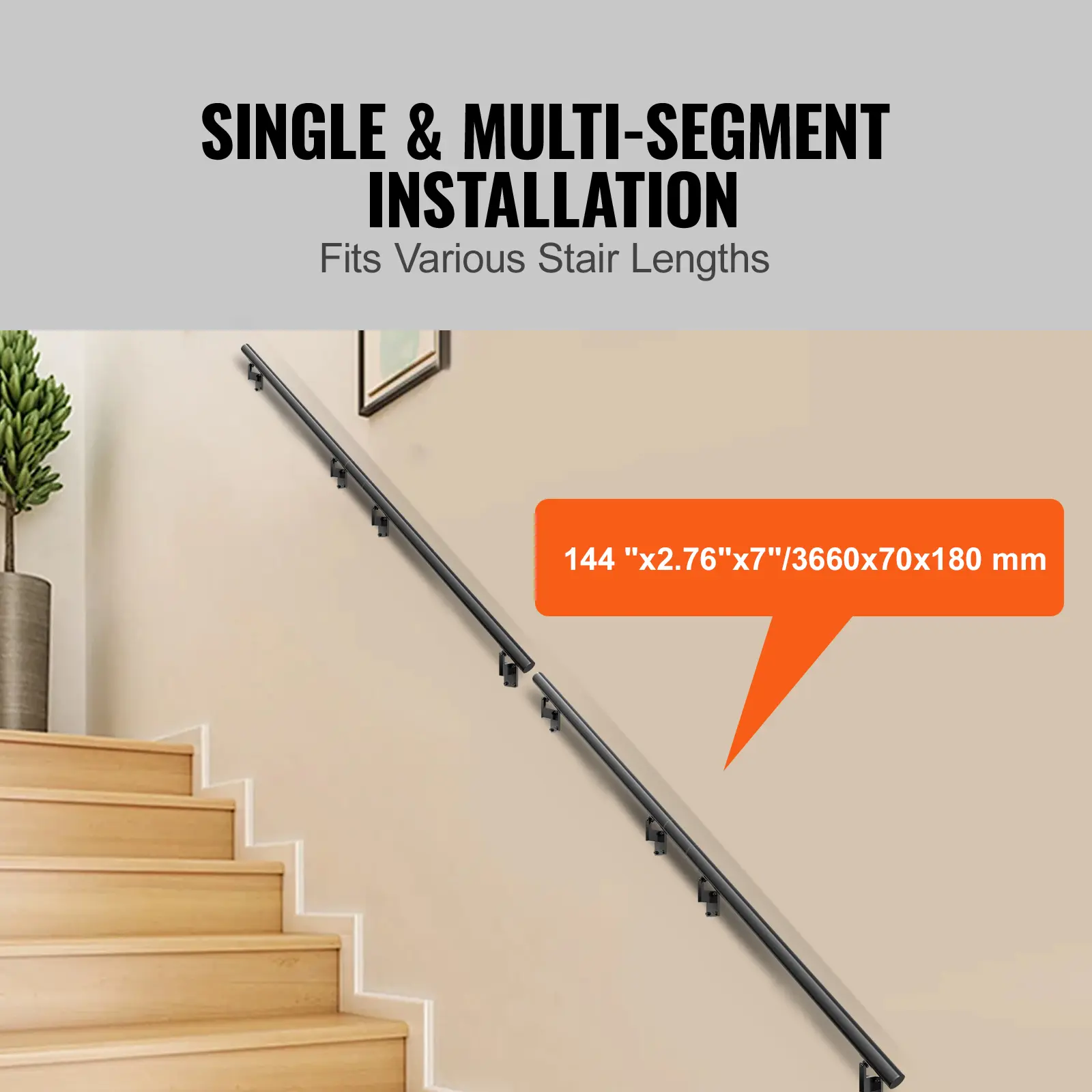 SucceBuy 4/5/7/12 ft Handrail Stair Railing 440 LBS Wall Mount Stairway Hand Rail with Installation Kit for Outdoor Stairs