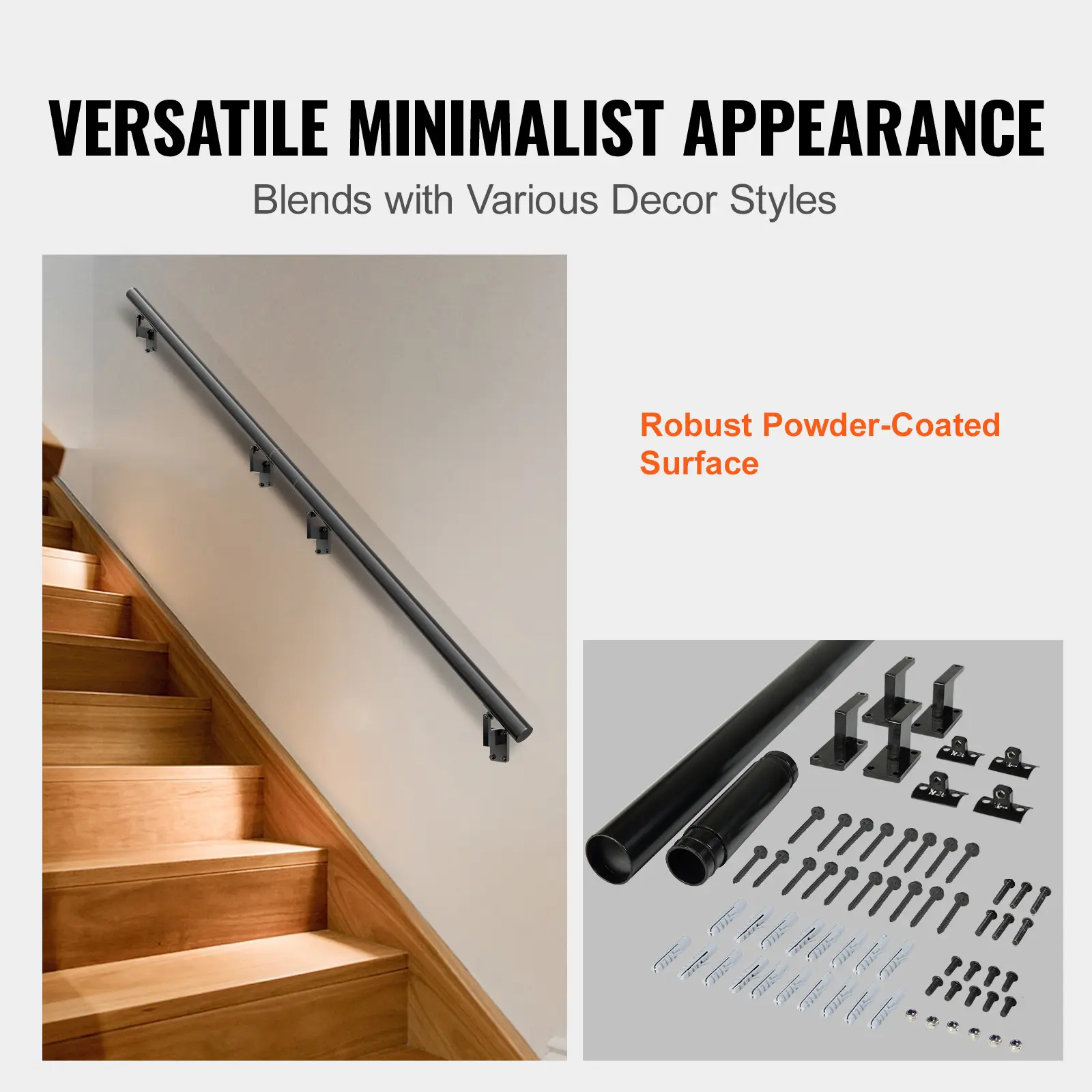 SucceBuy 4/5/7/12 ft Handrail Stair Railing 440 LBS Wall Mount Stairway Hand Rail with Installation Kit for Outdoor Stairs