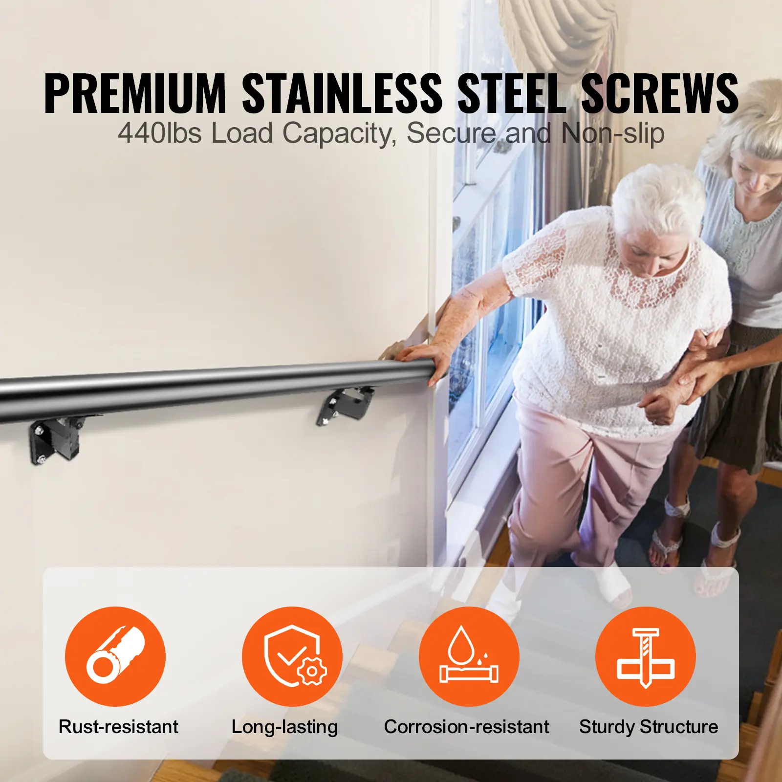SucceBuy 4/5/7/12 ft Handrail Stair Railing 440 LBS Wall Mount Stairway Hand Rail with Installation Kit for Outdoor Stairs