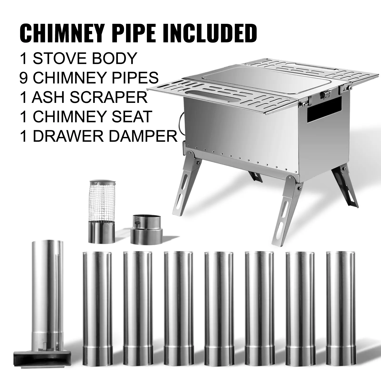 SucceBuy Tent Wood Stove 304 Stainless Steel W/Folding Pipe Wood Stove Multipurpose Camping Tent Heating Stove Outdoor Survival