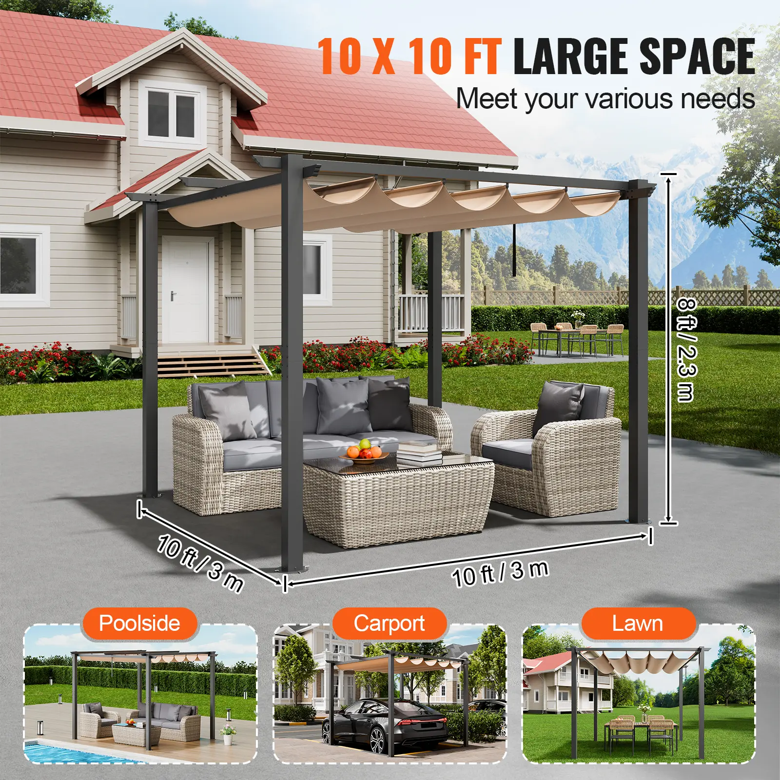 VEVOR 10'x10' Outdoor Retractable Pergola with Canopy Aluminum Pergola with Canopy Modern Pergola with Shade Canopy for Patios
