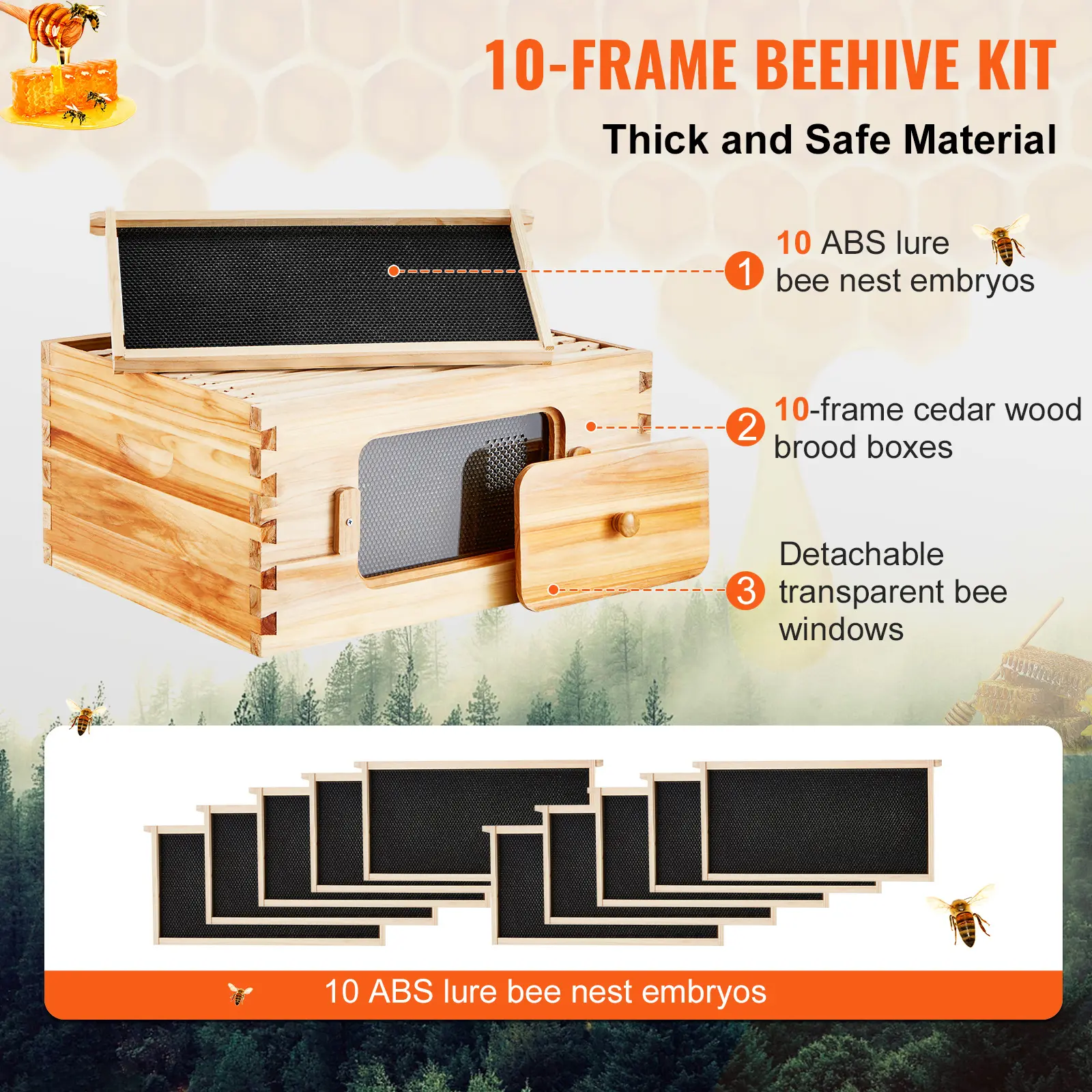 SucceBuy Bee Hive Deep Box Starter Kit 100% Beeswax Coated Natural Cedar Wood Langstroth Beehive Kit with Frames and Foundations