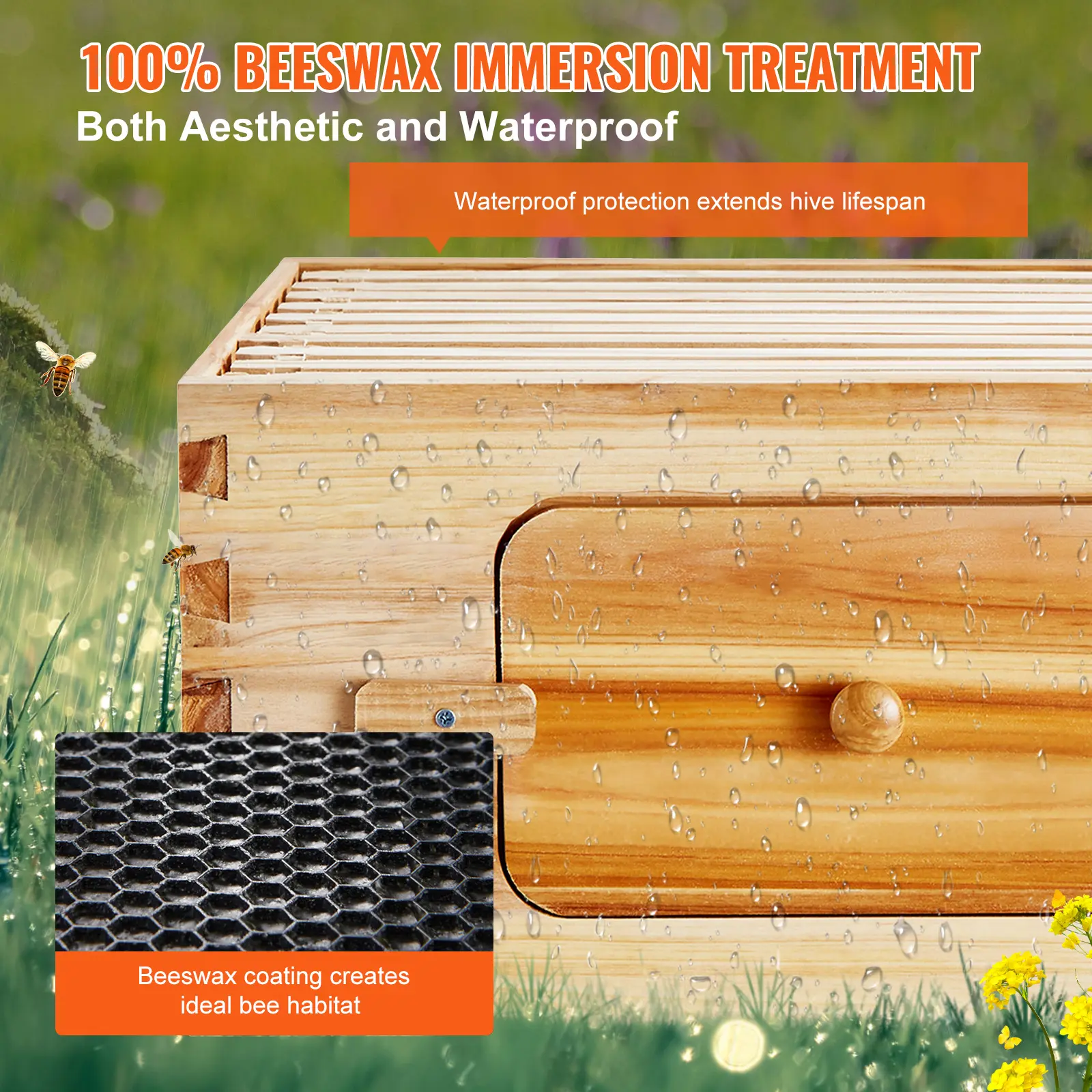 SucceBuy Bee Hive Deep Box Starter Kit 100% Beeswax Coated Natural Cedar Wood Langstroth Beehive Kit with Frames and Foundations