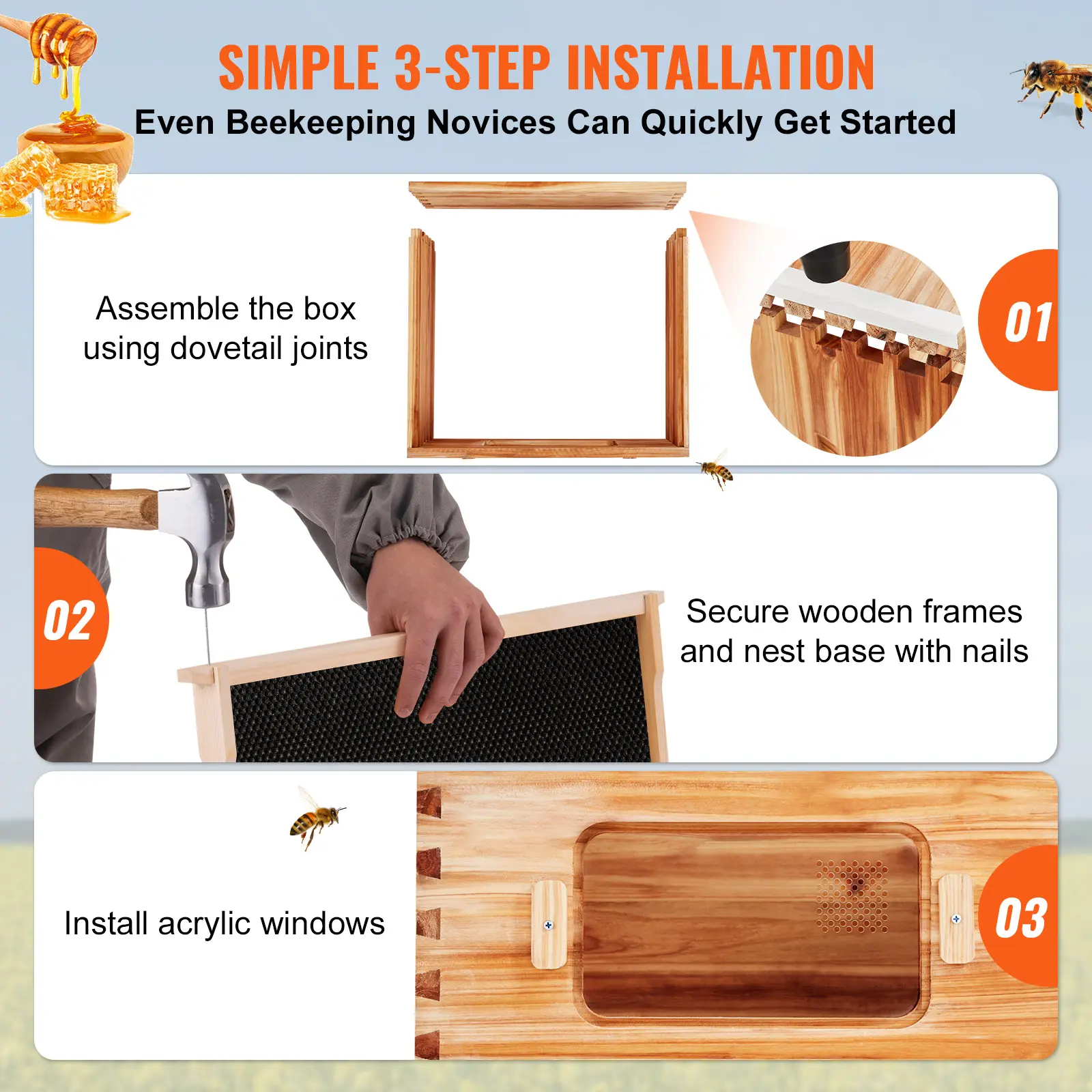 SucceBuy Bee Hive Deep Box Starter Kit 100% Beeswax Coated Natural Cedar Wood Langstroth Beehive Kit with Frames and Foundations
