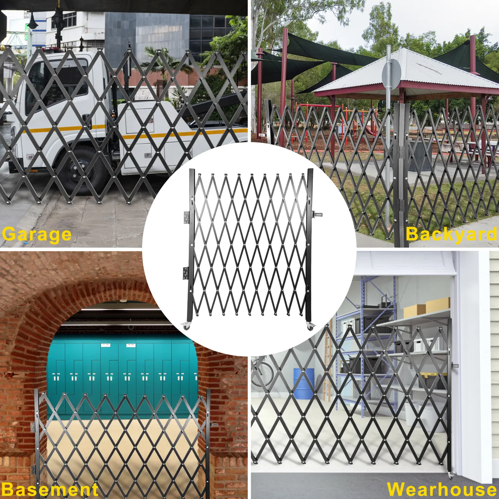 SucceBuy Single Folding Security Gate 48" x 37" Steel Scissor Accordion Security Gate Flexible Expanding w/ Smooth Rolling Wheel