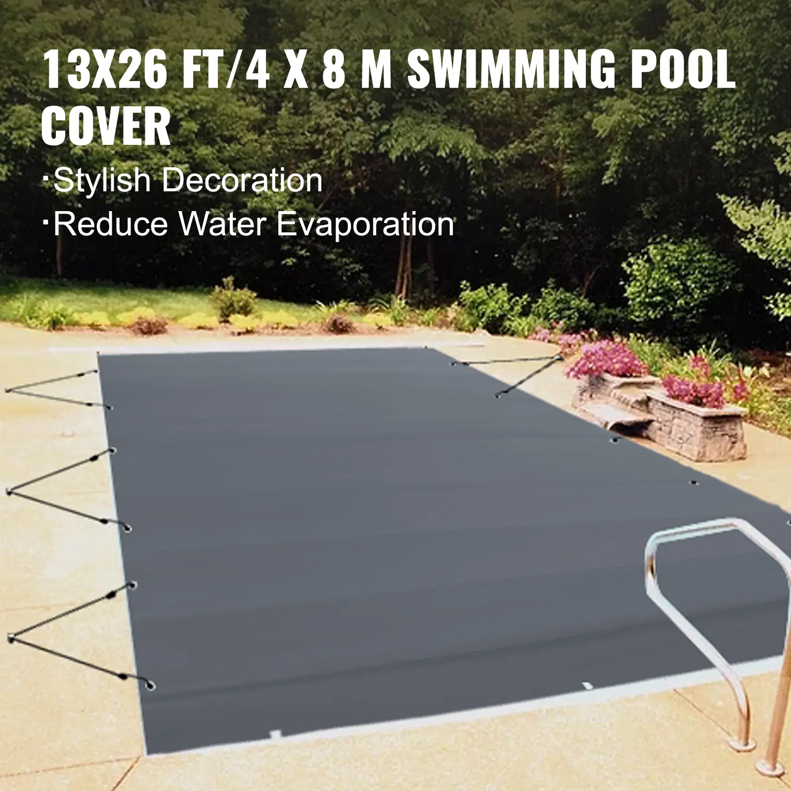 SucceBuy Pool Safety Cover 13x26ft In-ground PVC Rectangular Solid Charcoal Pool Cover for Swimming Pool Winter Protection Cover