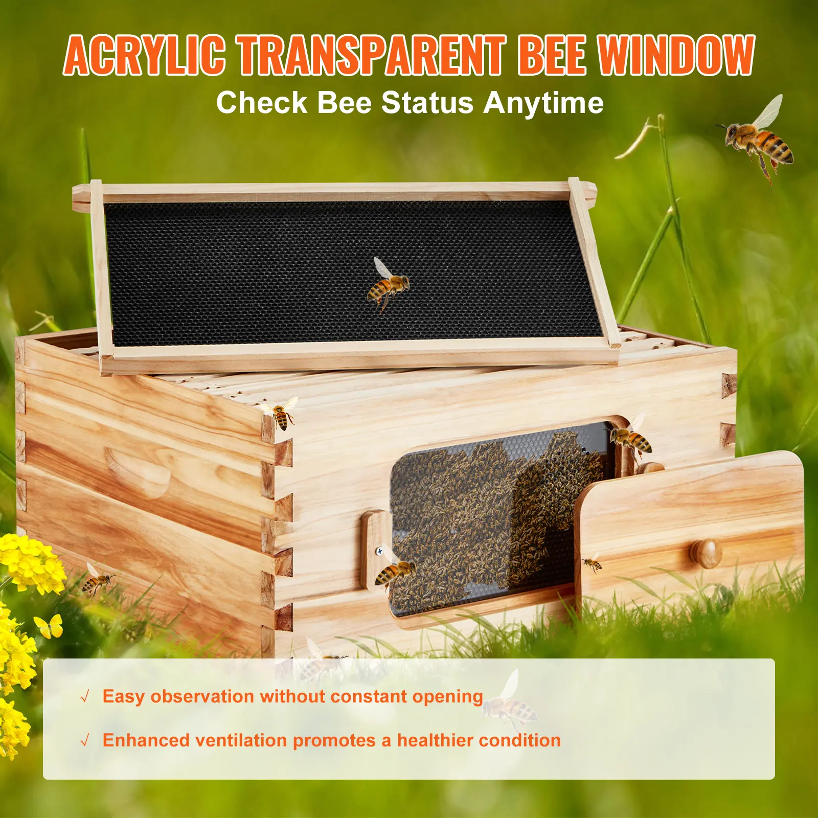 SucceBuy Bee Hive Deep Box Starter Kit 100% Beeswax Coated Natural Cedar Wood Langstroth Beehive Kit with Frames and Foundations