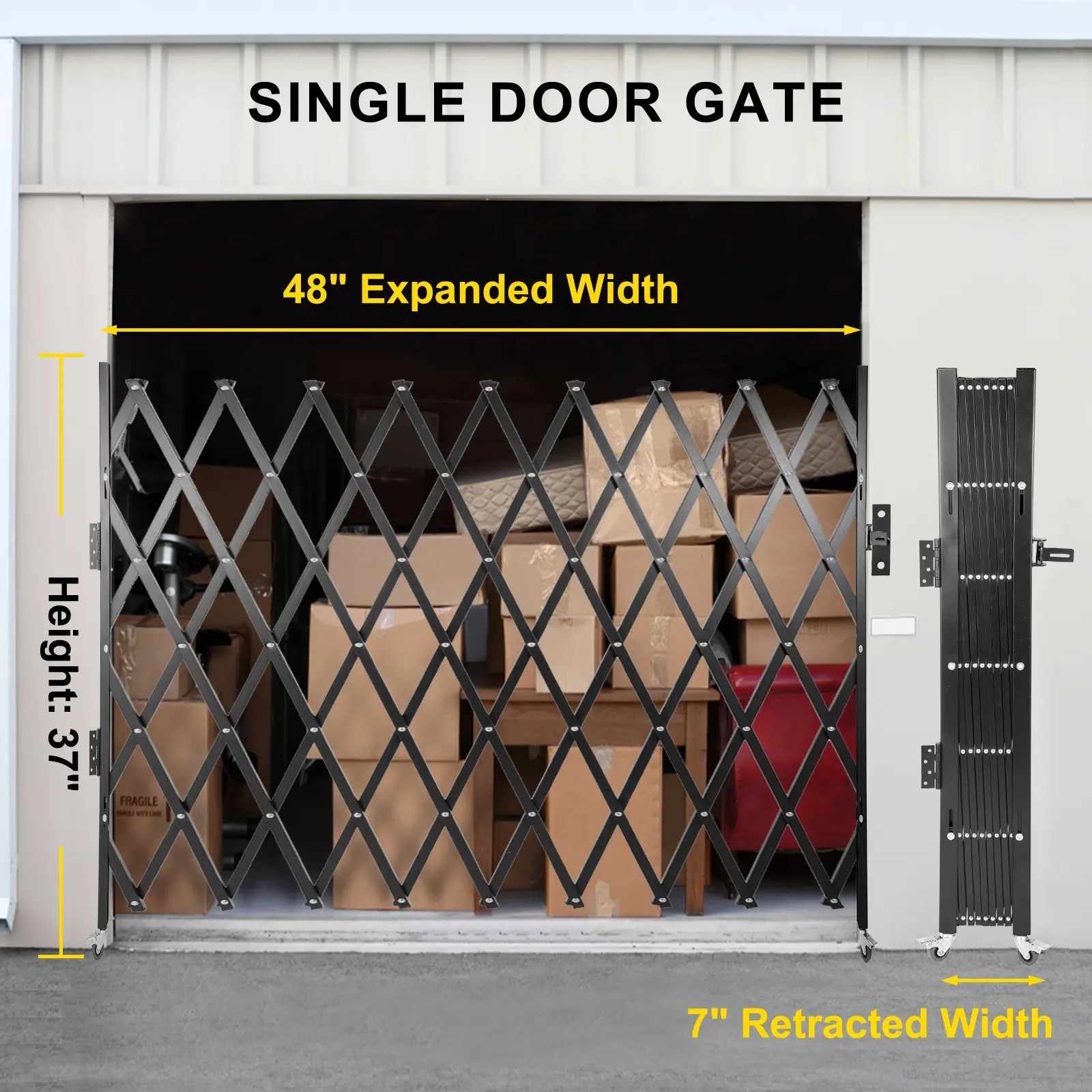 SucceBuy Single Folding Security Gate 48" x 37" Steel Scissor Accordion Security Gate Flexible Expanding w/ Smooth Rolling Wheel