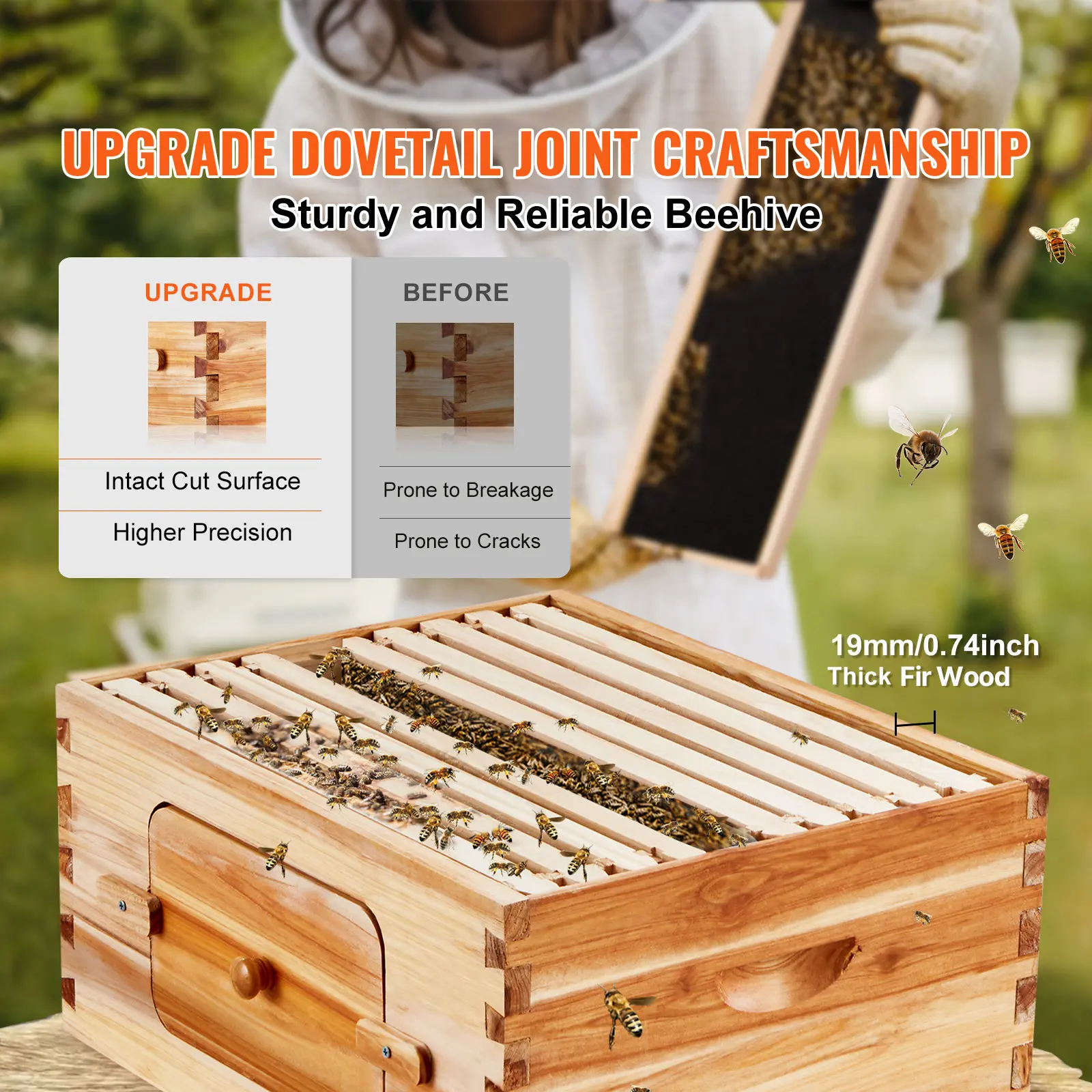 SucceBuy Bee Hive Deep Box Starter Kit 100% Beeswax Coated Natural Cedar Wood Langstroth Beehive Kit with Frames and Foundations