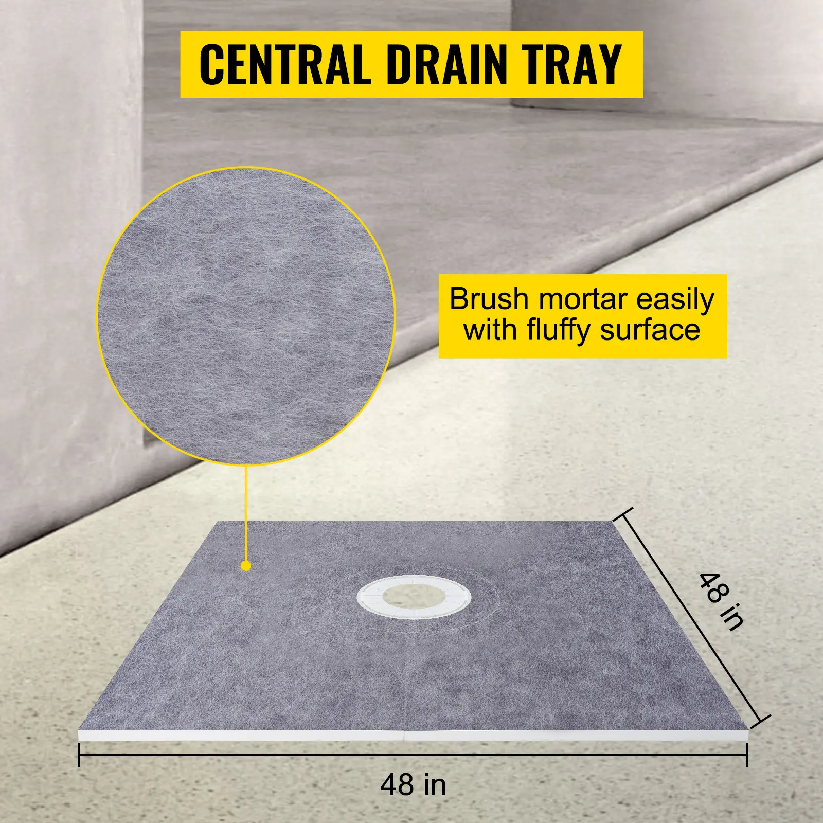SucceBuy Waterproofing Shower Kit 48''x48'' Shower Kit Tray With Central Drain PVC/ABS Stainless Steel Grate 2 Cuttable Curb
