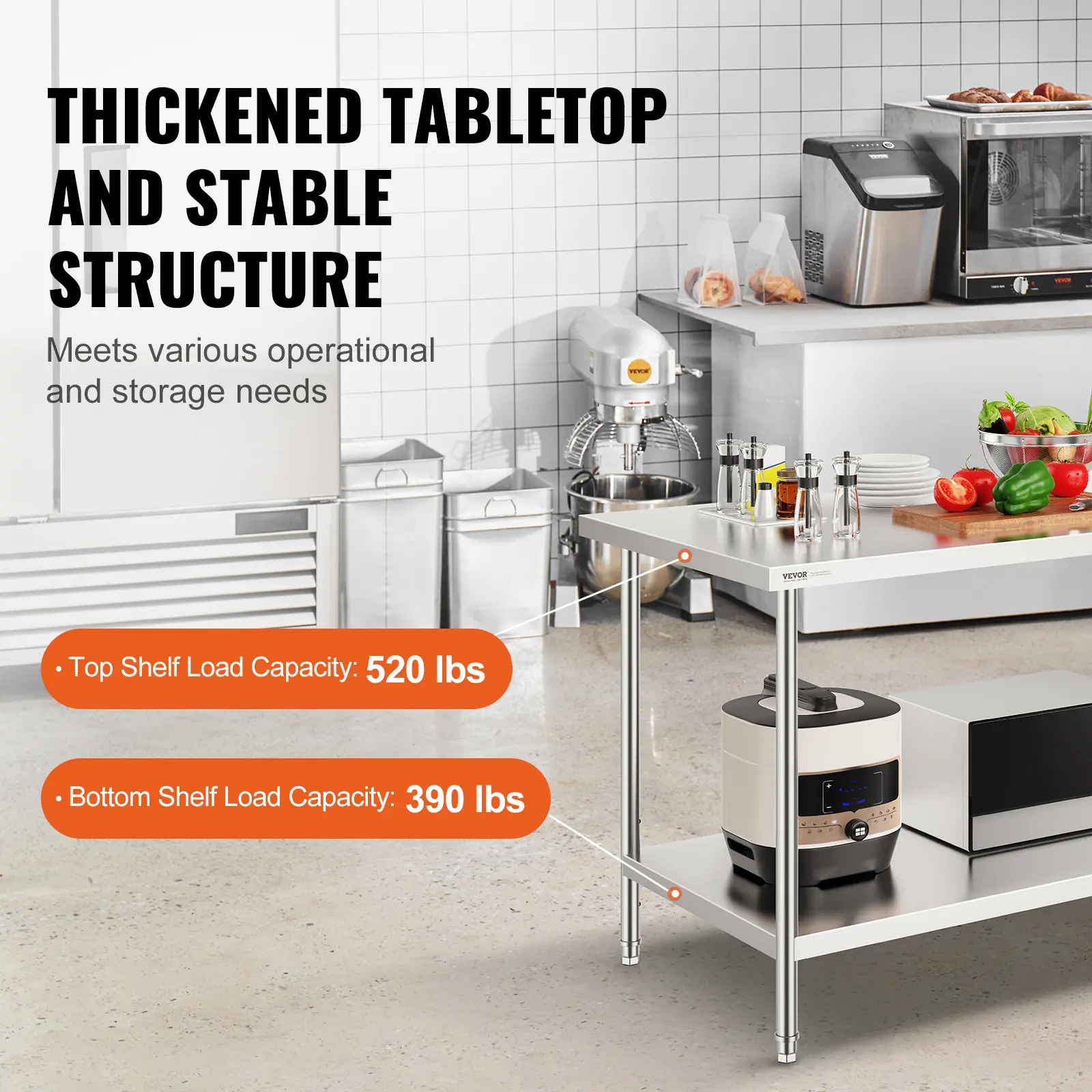 VEVOR Stainless Steel Prep Table Heavy Duty Metal Worktable with 3 Adjustable Height Commercial Workstation for Kitchen Garage