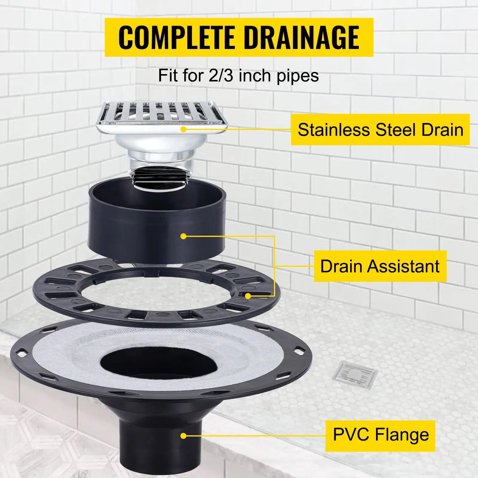 SucceBuy Waterproofing Shower Kit 48''x48'' Shower Kit Tray With Central Drain PVC/ABS Stainless Steel Grate 2 Cuttable Curb