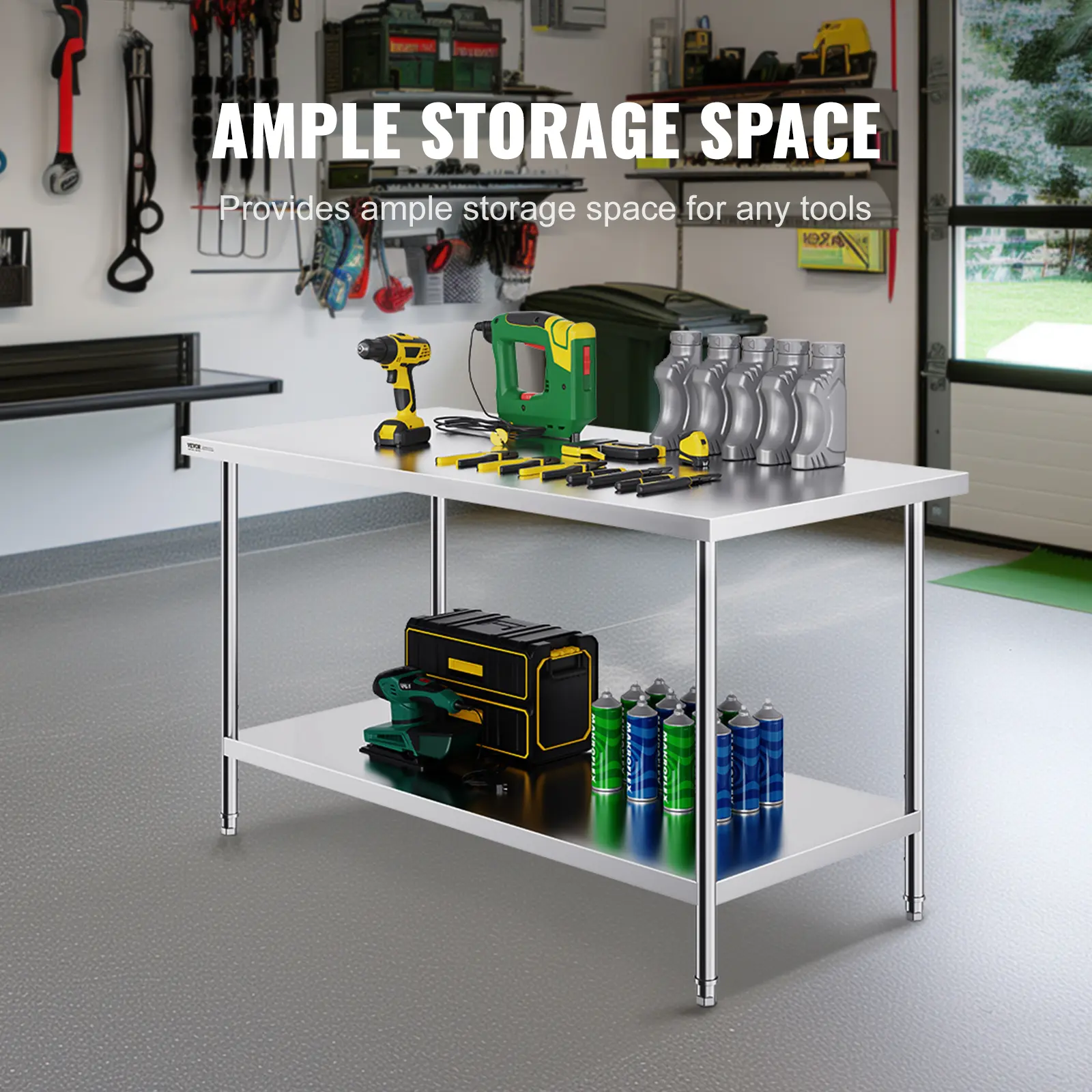VEVOR Stainless Steel Prep Table Heavy Duty Metal Worktable with 3 Adjustable Height Commercial Workstation for Kitchen Garage