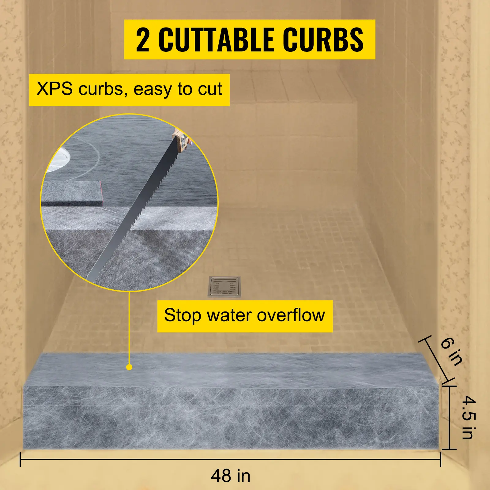 SucceBuy Waterproofing Shower Kit 48''x48'' Shower Kit Tray With Central Drain PVC/ABS Stainless Steel Grate 2 Cuttable Curb