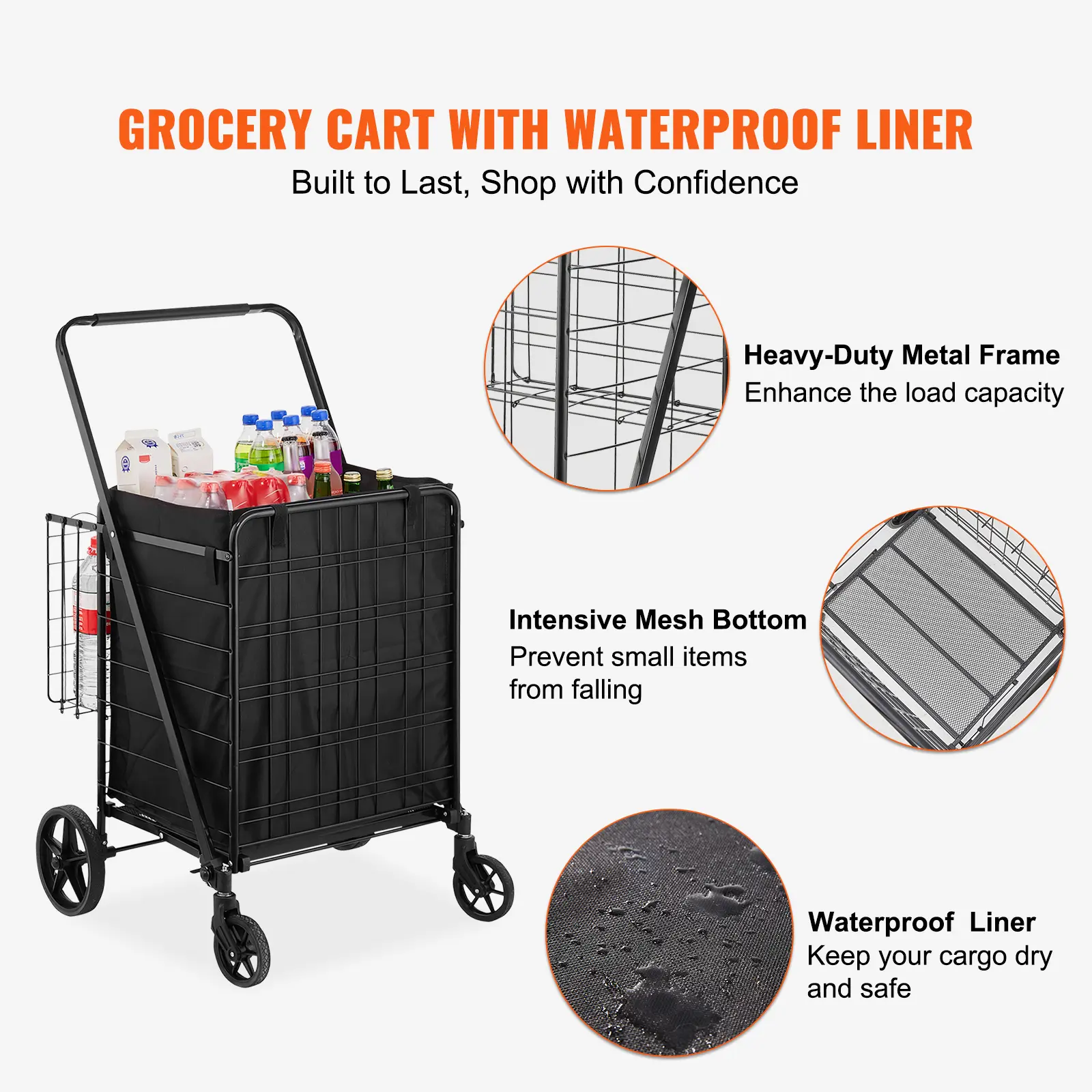 SucceBuy Folding Shopping Cart w/ Removable Waterproof Liner 330LBS Capacity Jumbo Grocery Cart Heavy Duty Utility for Shopping