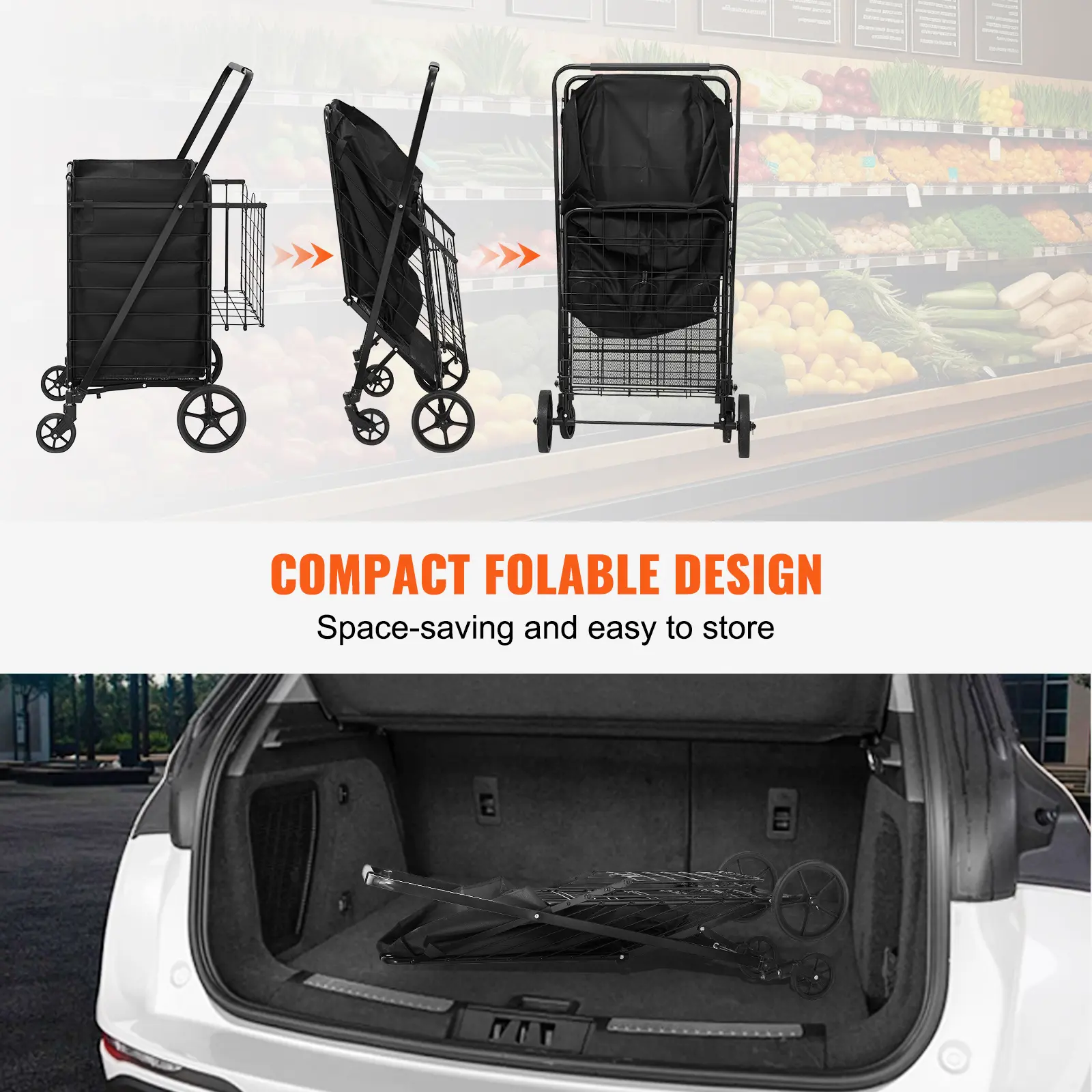 SucceBuy Folding Shopping Cart w/ Removable Waterproof Liner 330LBS Capacity Jumbo Grocery Cart Heavy Duty Utility for Shopping