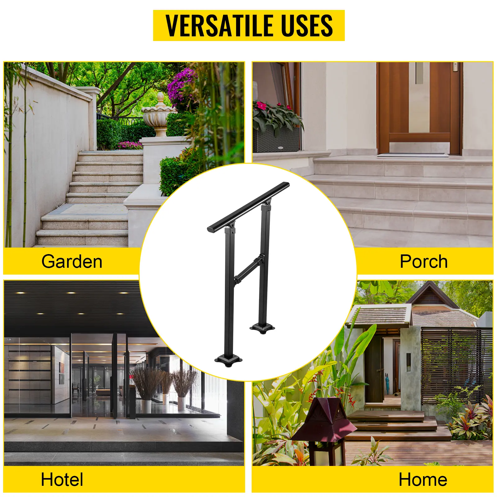 SucceBuy Iron Handrail Stair Railing Hand Rail Kit 0/1 to 2/3/4 Steps Outdoor Black w/ Bars Building & Hardware Home Improvement