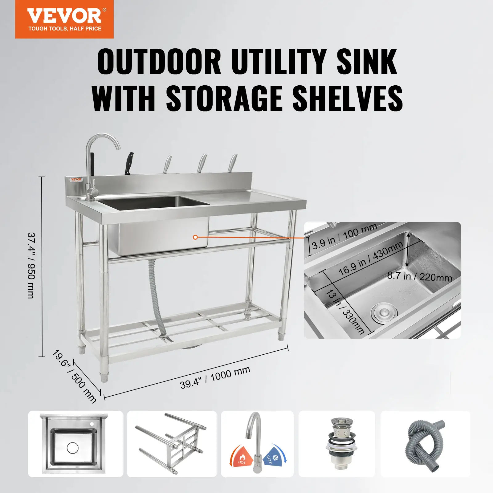 VEVOR Free Standing Stainless-Steel Single Bowl Commercial Restaurant Kitchen Sink Set w/Faucet & Drainboard Utility Sink