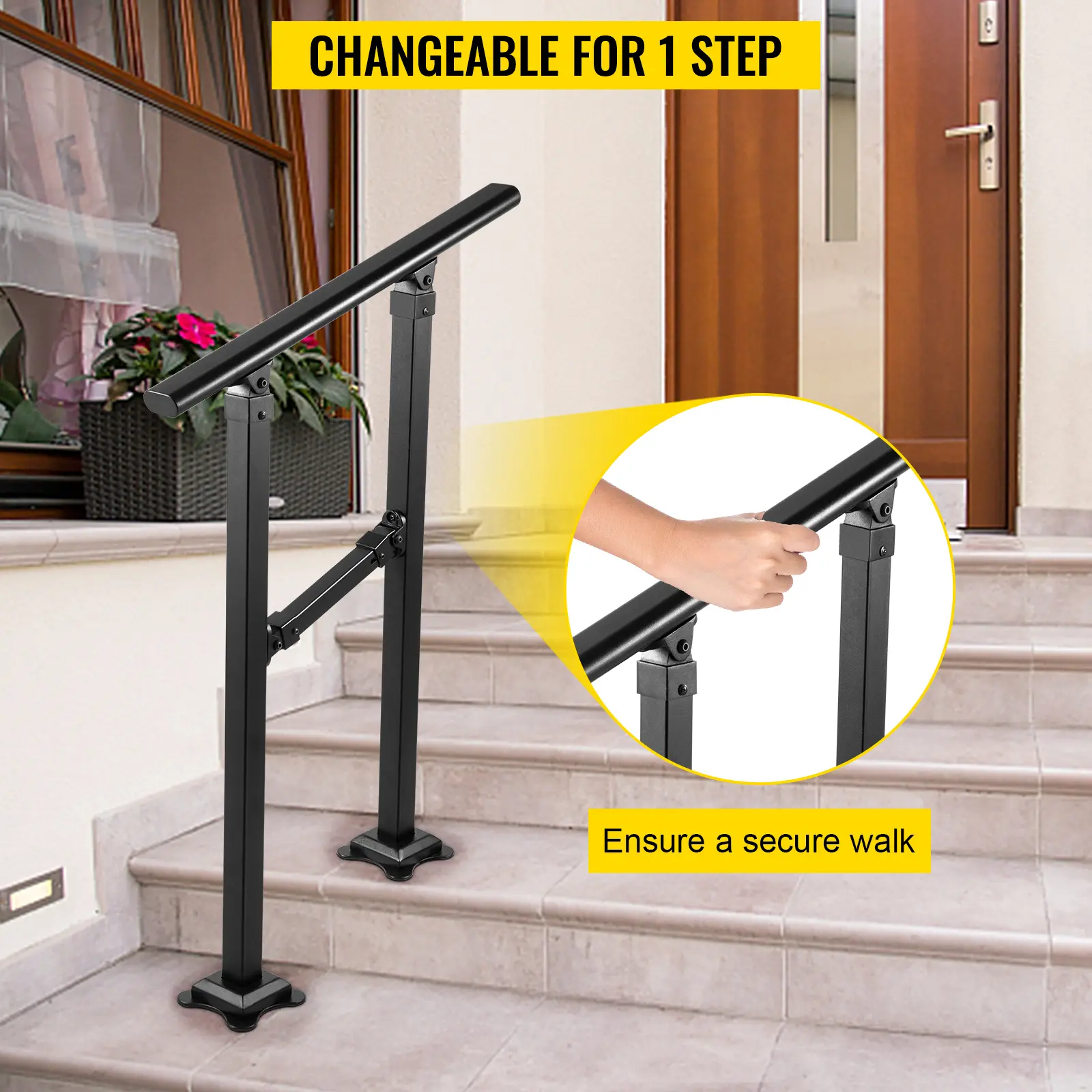 SucceBuy Iron Handrail Stair Railing Hand Rail Kit 0/1 to 2/3/4 Steps Outdoor Black w/ Bars Building & Hardware Home Improvement