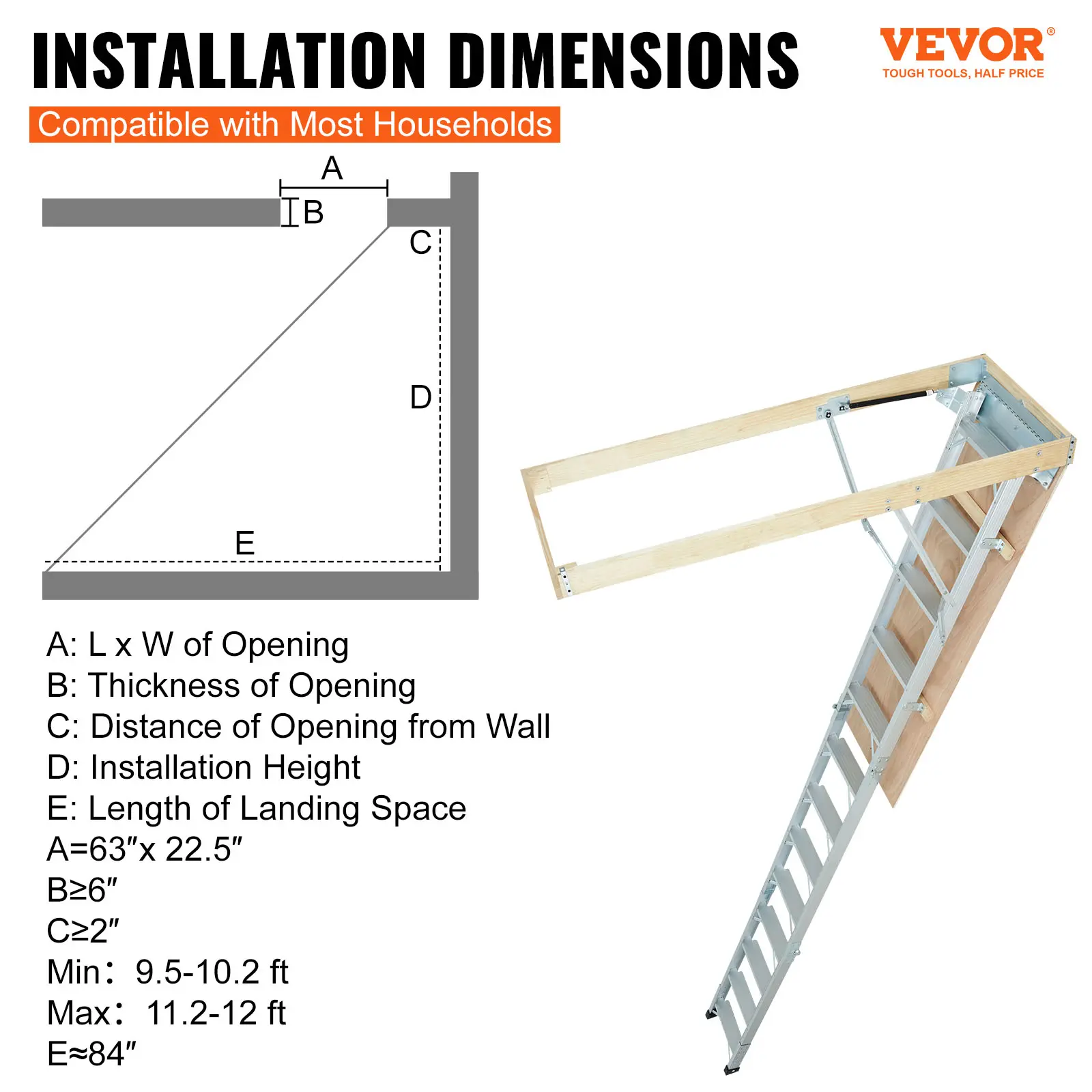 SucceBuy Attic Ladder Foldable 350pound  22.5" x 63" Multi-Purpose Aluminium Extension Light Fits 9.5'-12' Ceiling Heights