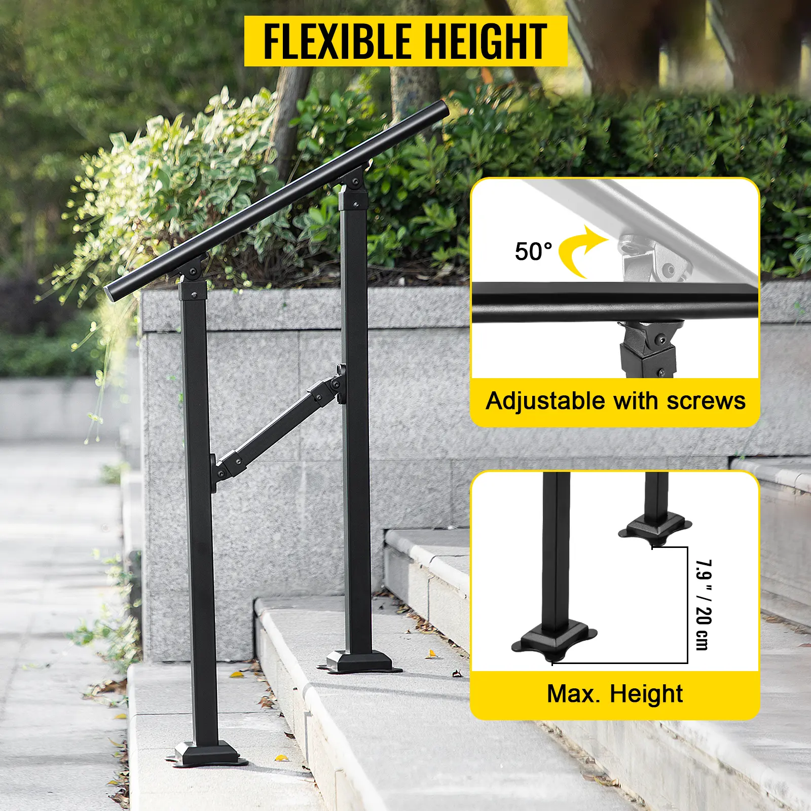 SucceBuy Iron Handrail Stair Railing Hand Rail Kit 0/1 to 2/3/4 Steps Outdoor Black w/ Bars Building & Hardware Home Improvement