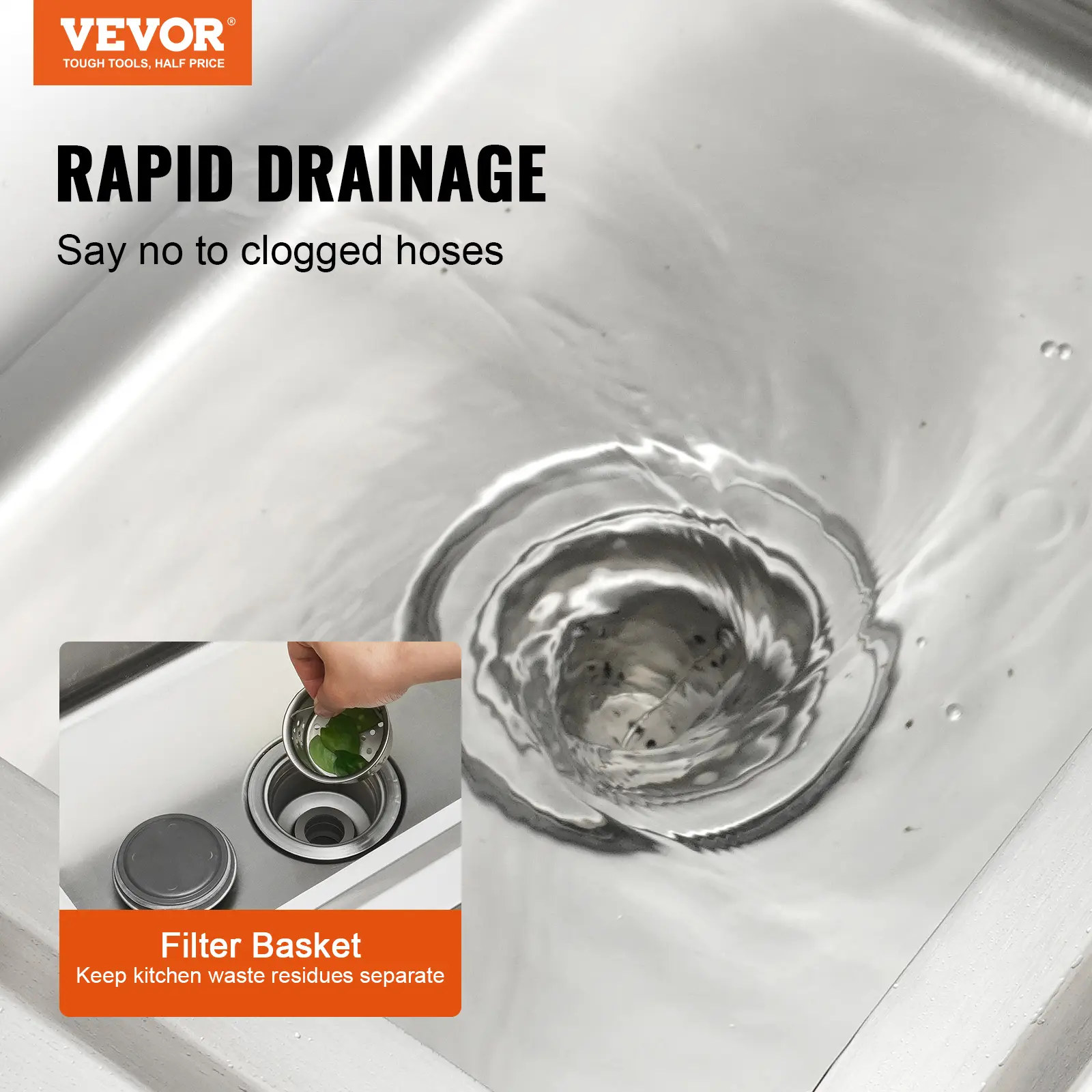 VEVOR Free Standing Stainless-Steel Single Bowl Commercial Restaurant Kitchen Sink Set w/Faucet & Drainboard Utility Sink