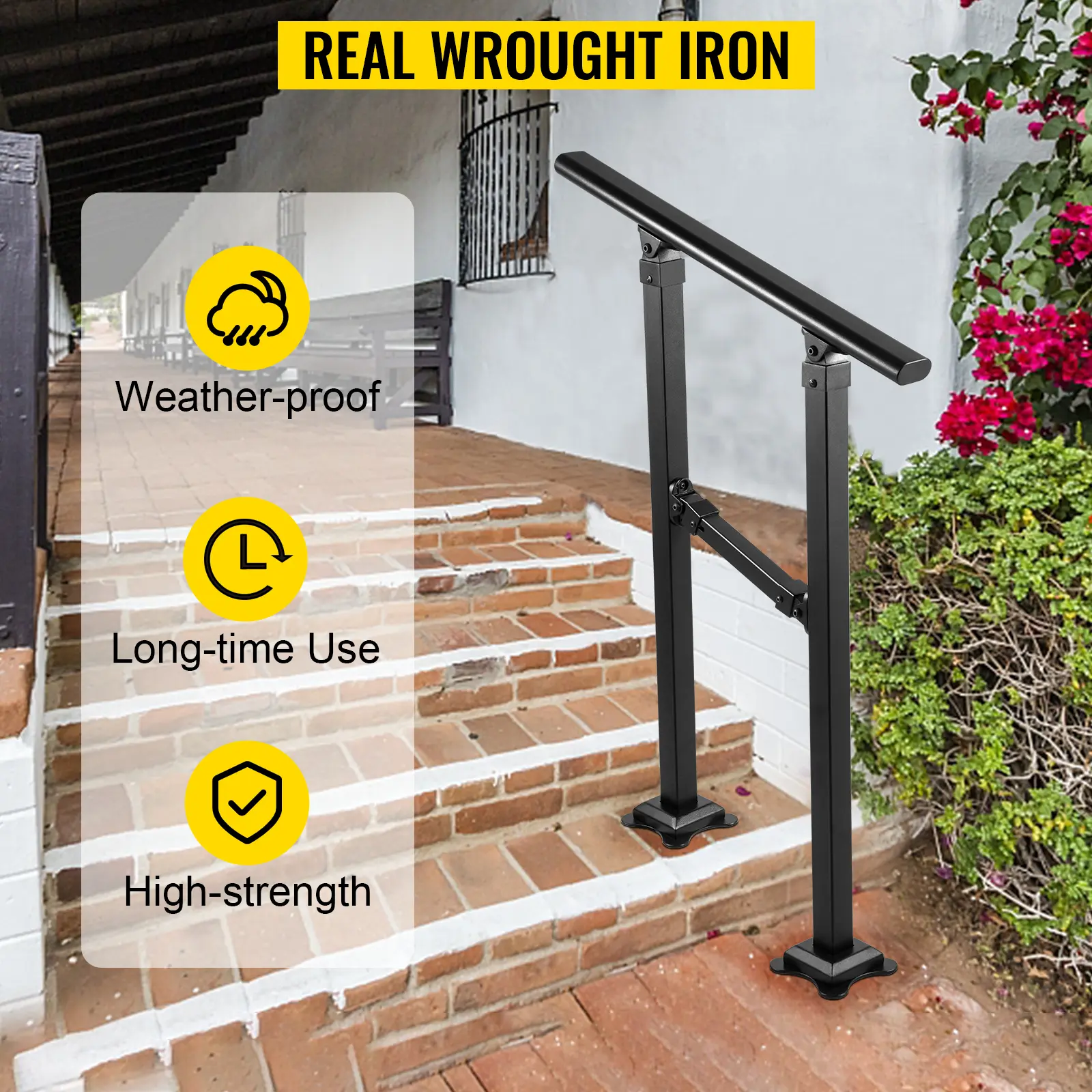 SucceBuy Iron Handrail Stair Railing Hand Rail Kit 0/1 to 2/3/4 Steps Outdoor Black w/ Bars Building & Hardware Home Improvement